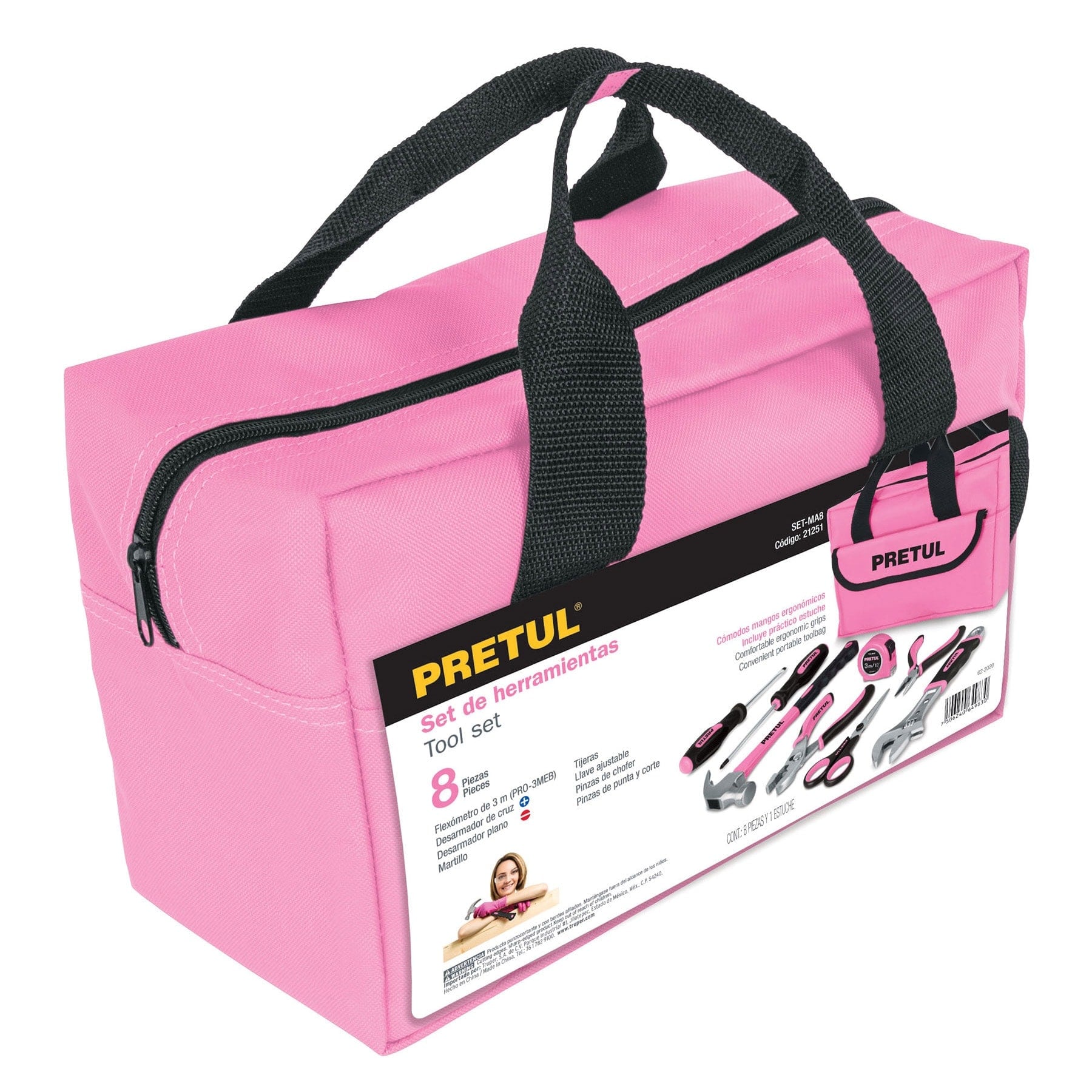Juego de herramientas básicas, color rosa, 8 piezas, PRETUL PRETUL