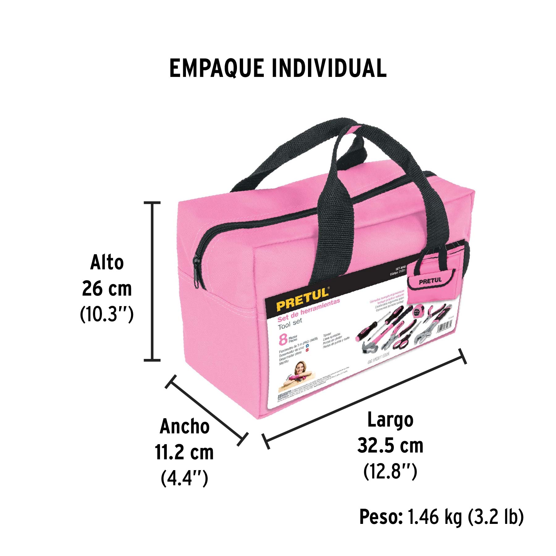 Juego de herramientas básicas, color rosa, 8 piezas, PRETUL PRETUL