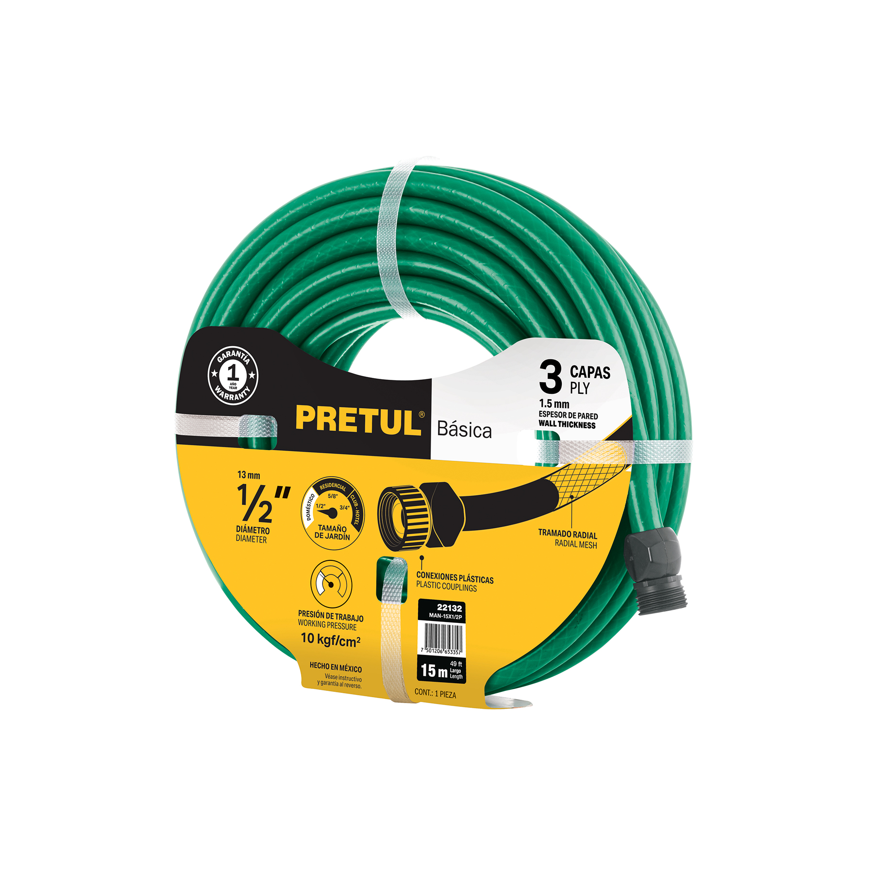 Manguera verde 1/2" 3 capas 15m conexiones plásticas, PRETUL PRETUL