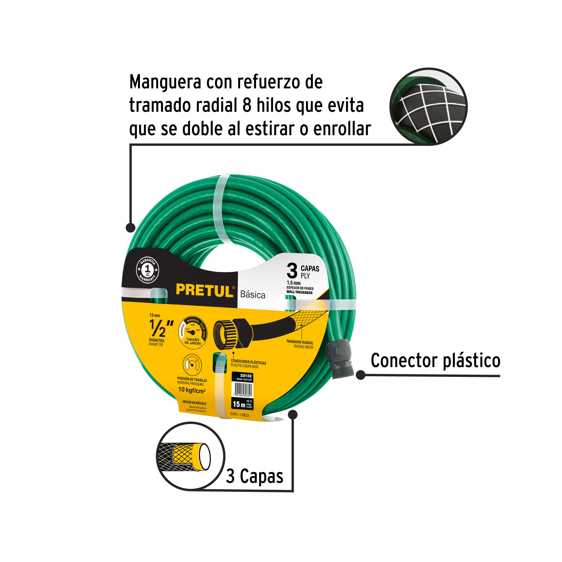 Manguera verde 1/2" 3 capas 15m conexiones plásticas, PRETUL PRETUL