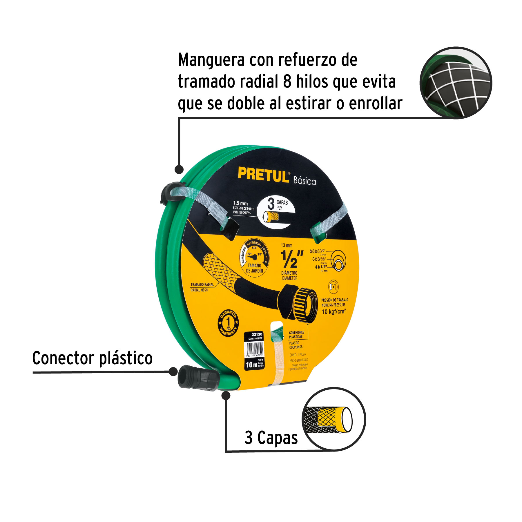 Manguera verde 1/2" 3 capas 10m conexiones plásticas, PRETUL PRETUL