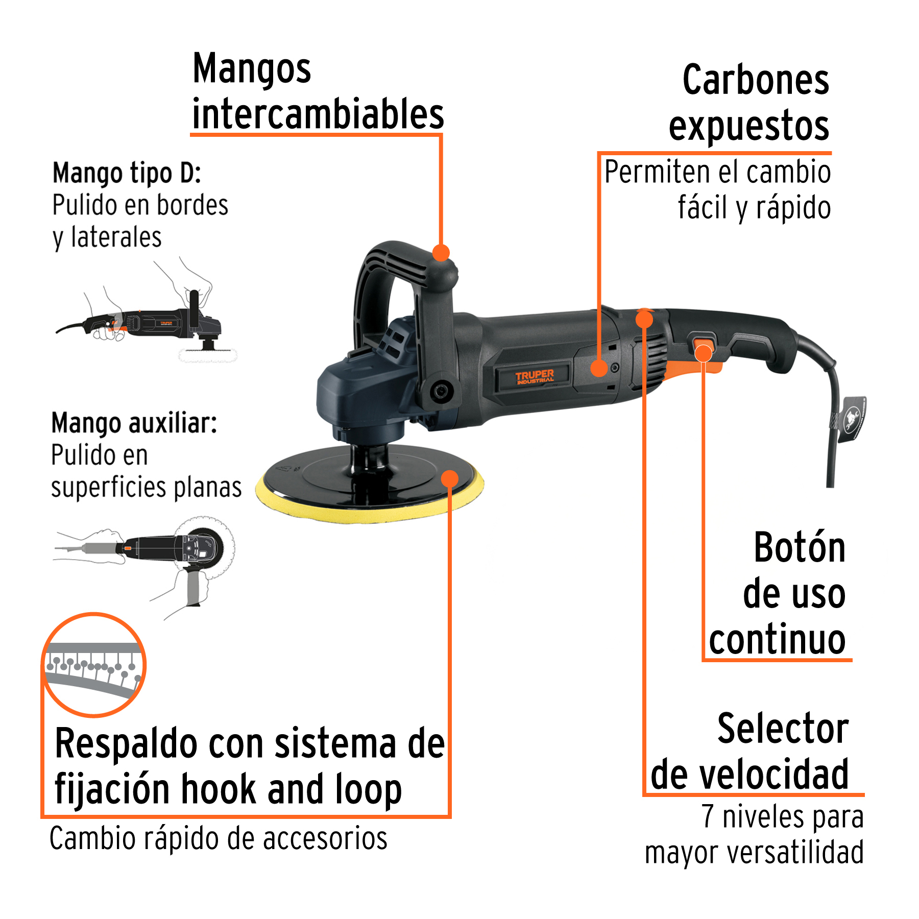 Pulidora rotativa 7", 1200W, TRUPER INDUSTRIAL TRUPER