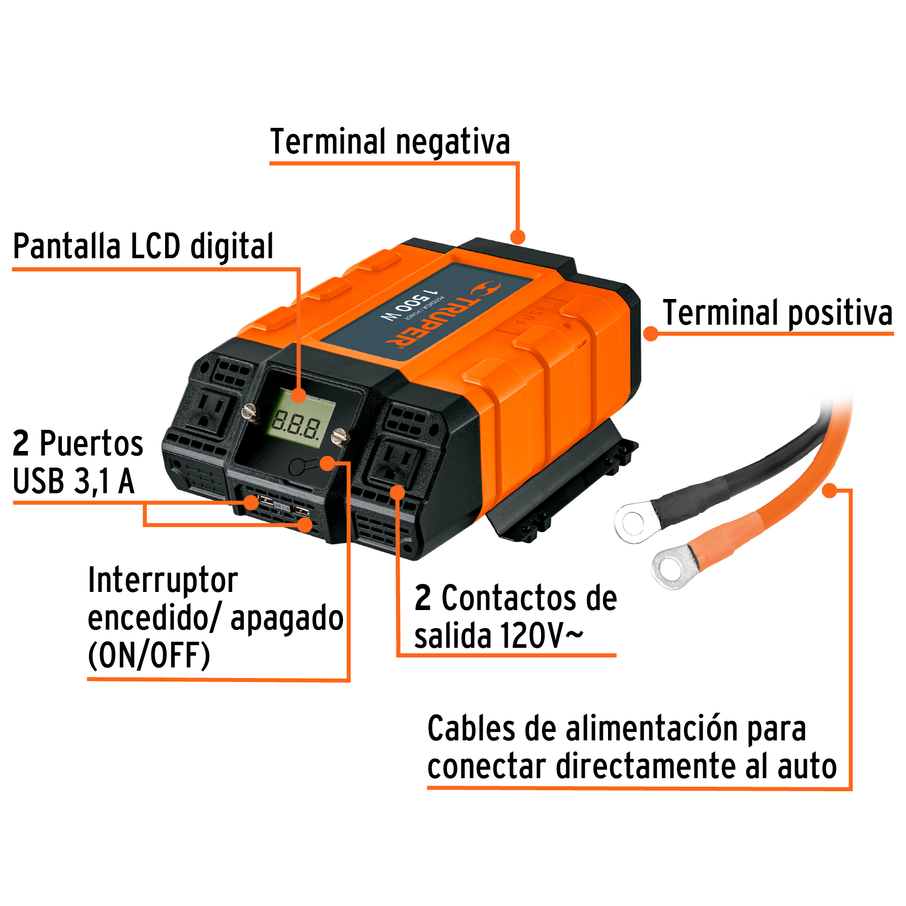 Inversor de corriente de 1500 W con puertos USB, TRUPER TRUPER