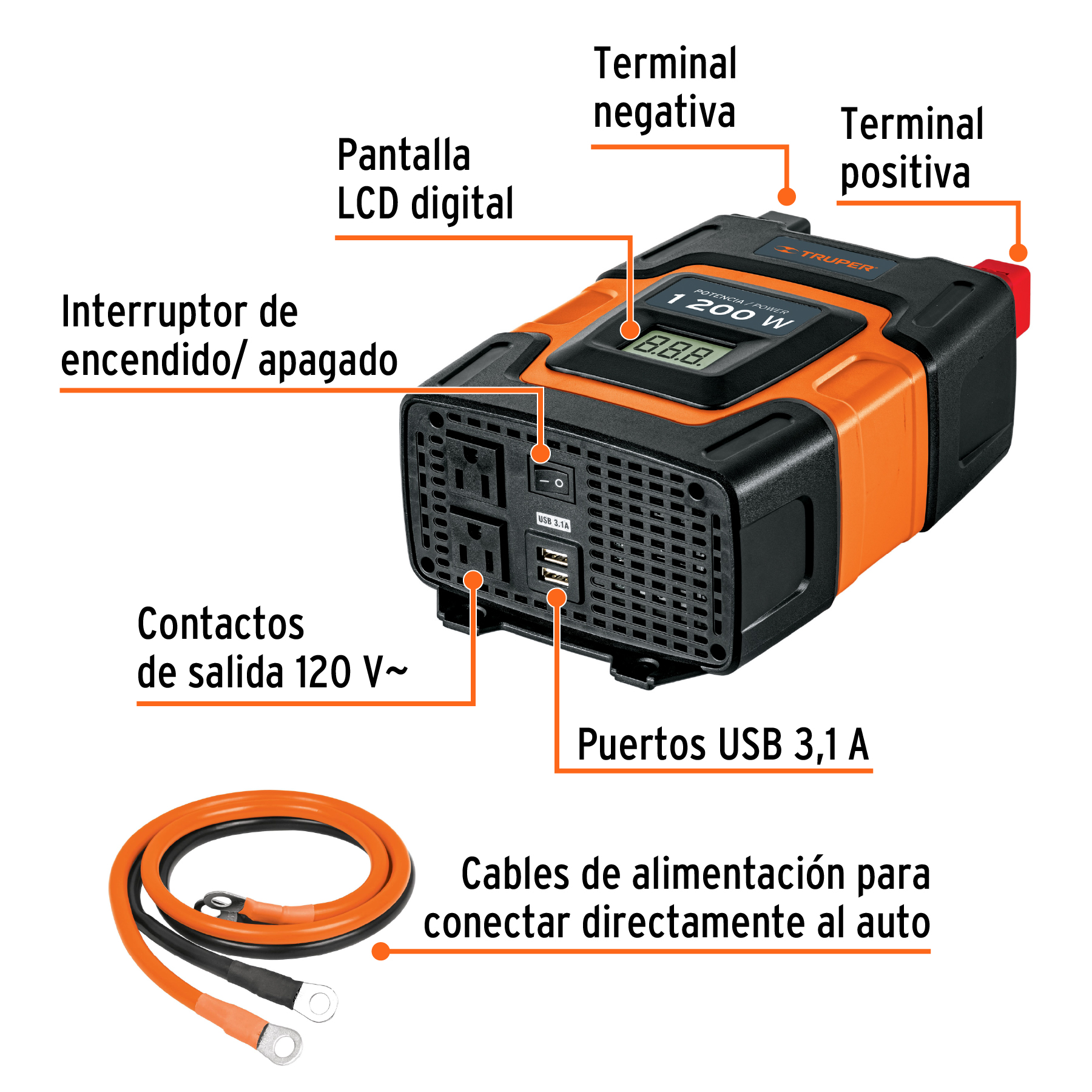 Inversor de corriente de 1200 W con puertos USB, TRUPER TRUPER