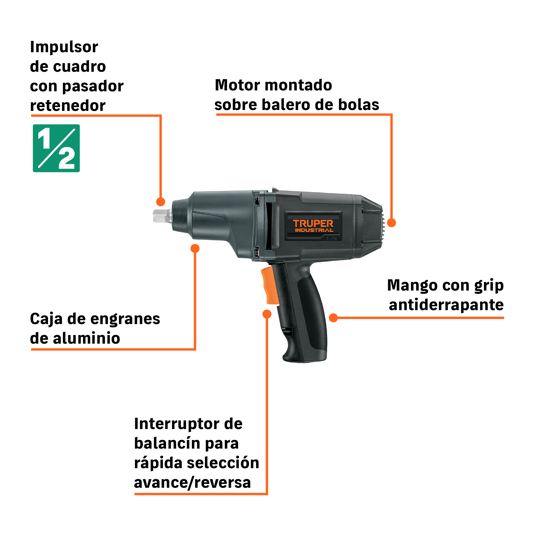 Llave de impacto 1/2" 900W, 320 lb/ft, TRUPER INDUSTRIAL TRUPER