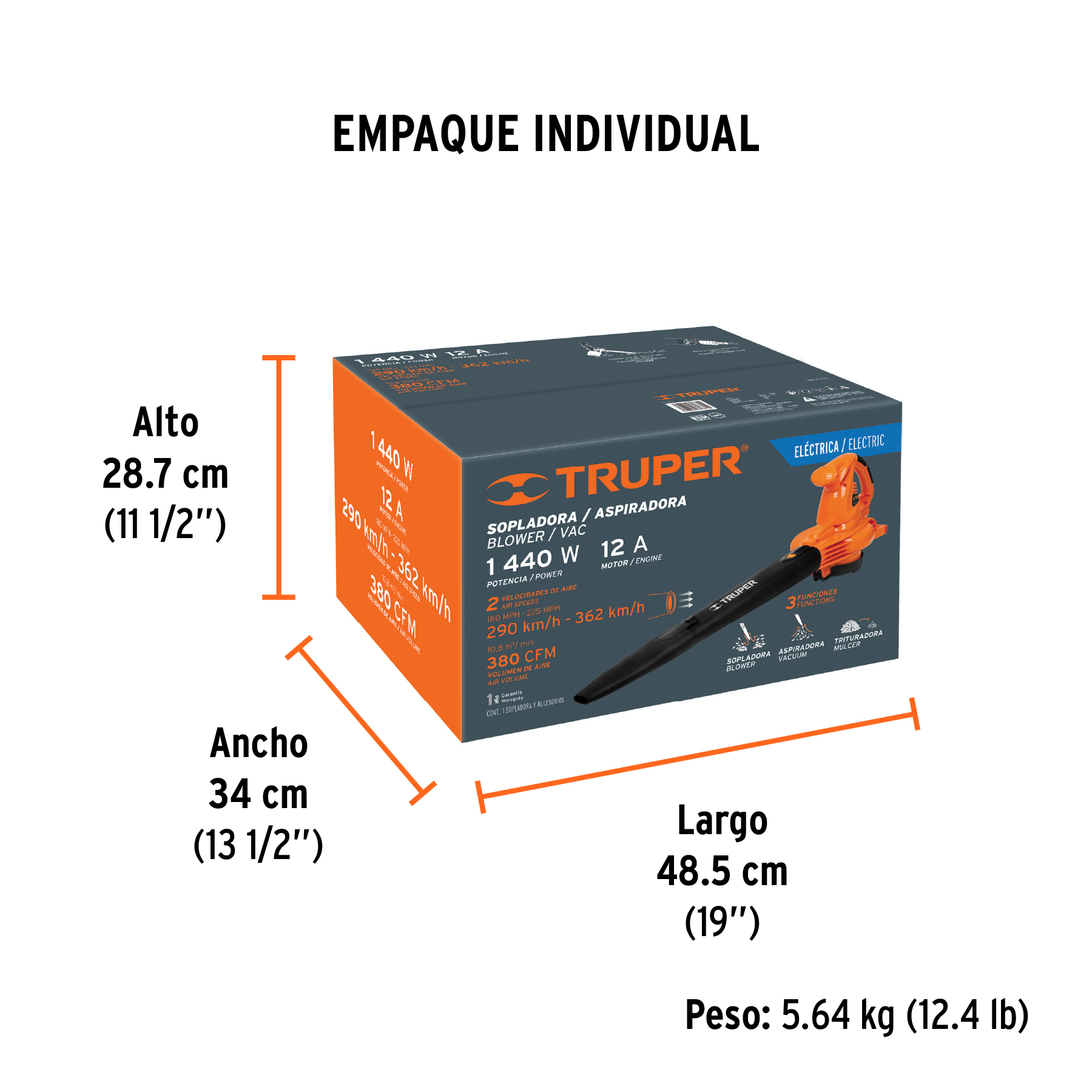 Sopladora/Aspiradora 1,440 W, con bolsa recolectora, TRUPER TRUPER