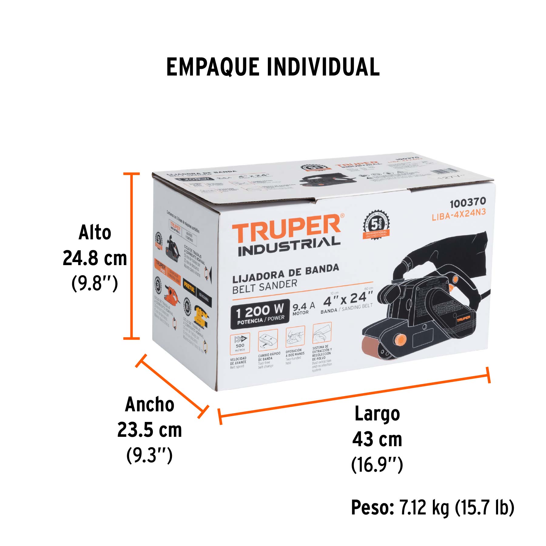 Lijadora de banda 4 x 24", 1200W, TRUPER INDUSTRIAL TRUPER