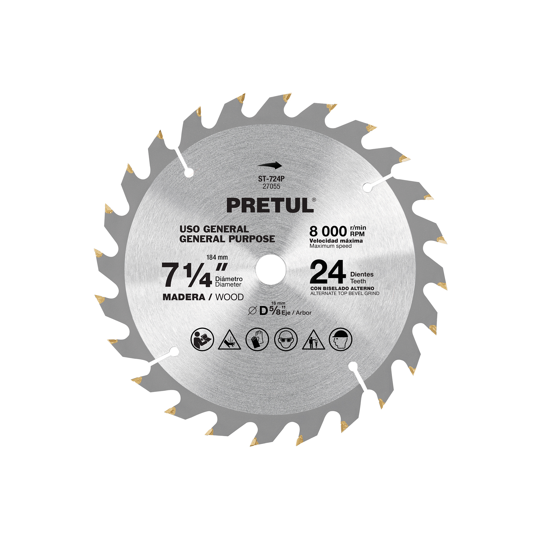 Disco sierra 7-1/4" p/madera, 24 dientes centro 5/8", PRETUL PRETUL