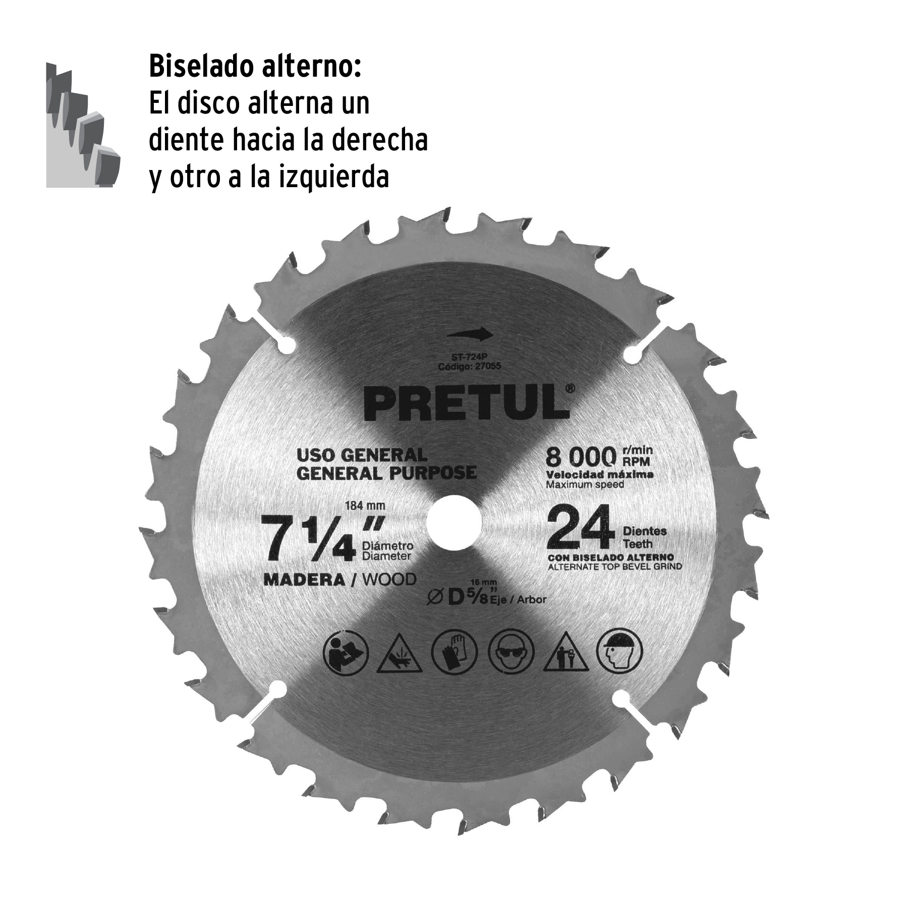 Disco sierra 7-1/4" p/madera, 24 dientes centro 5/8", PRETUL PRETUL