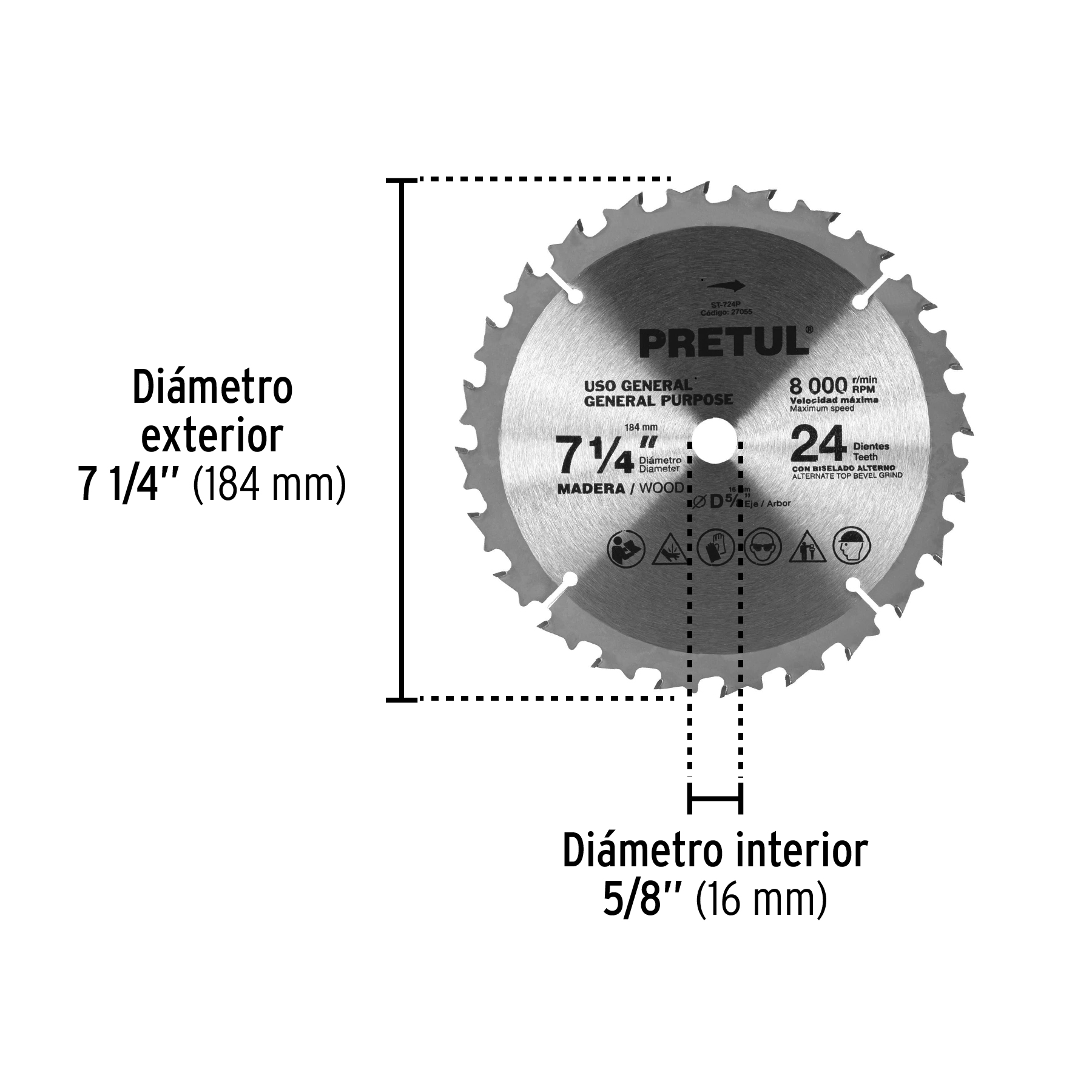 Disco sierra 7-1/4" p/madera, 24 dientes centro 5/8", PRETUL PRETUL