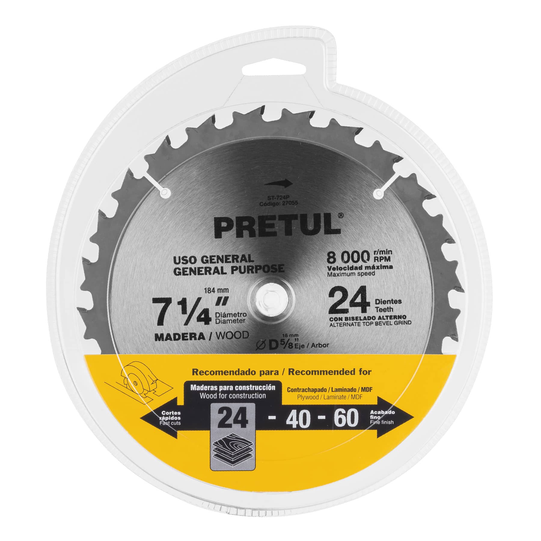 Disco sierra 7-1/4" p/madera, 24 dientes centro 5/8", PRETUL PRETUL