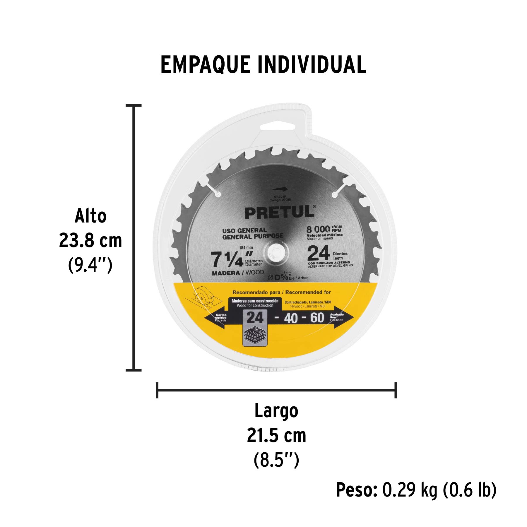 Disco sierra 7-1/4" p/madera, 24 dientes centro 5/8", PRETUL PRETUL