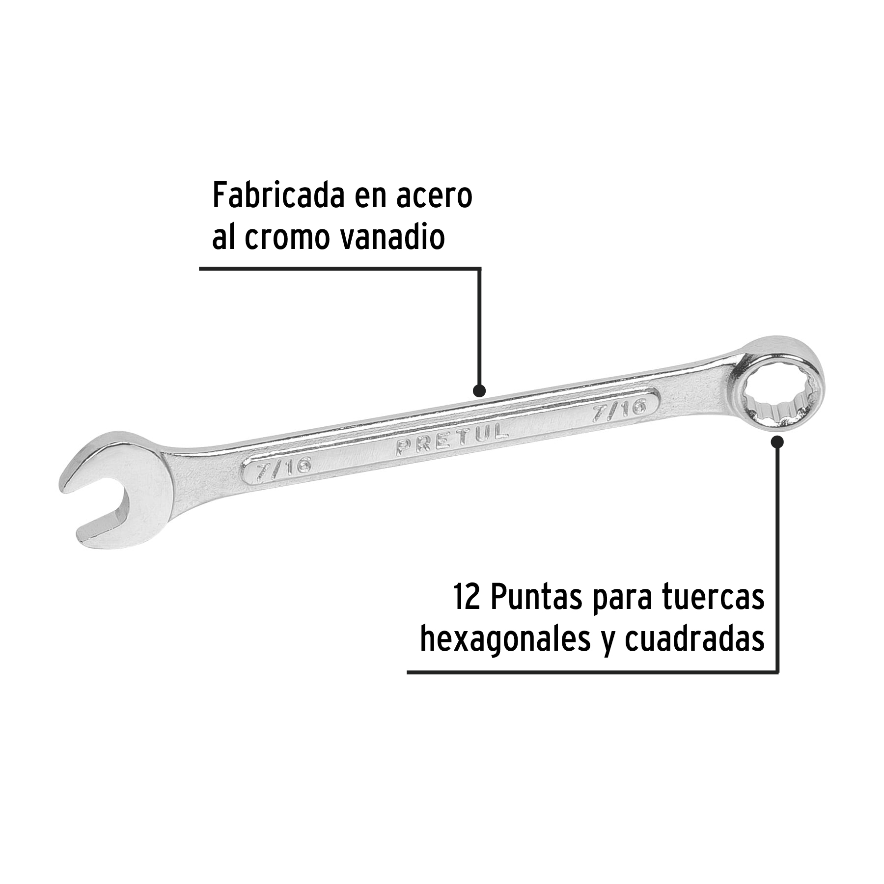 Llave combinada 7/16" x 150 mm de largo, PRETUL PRETUL