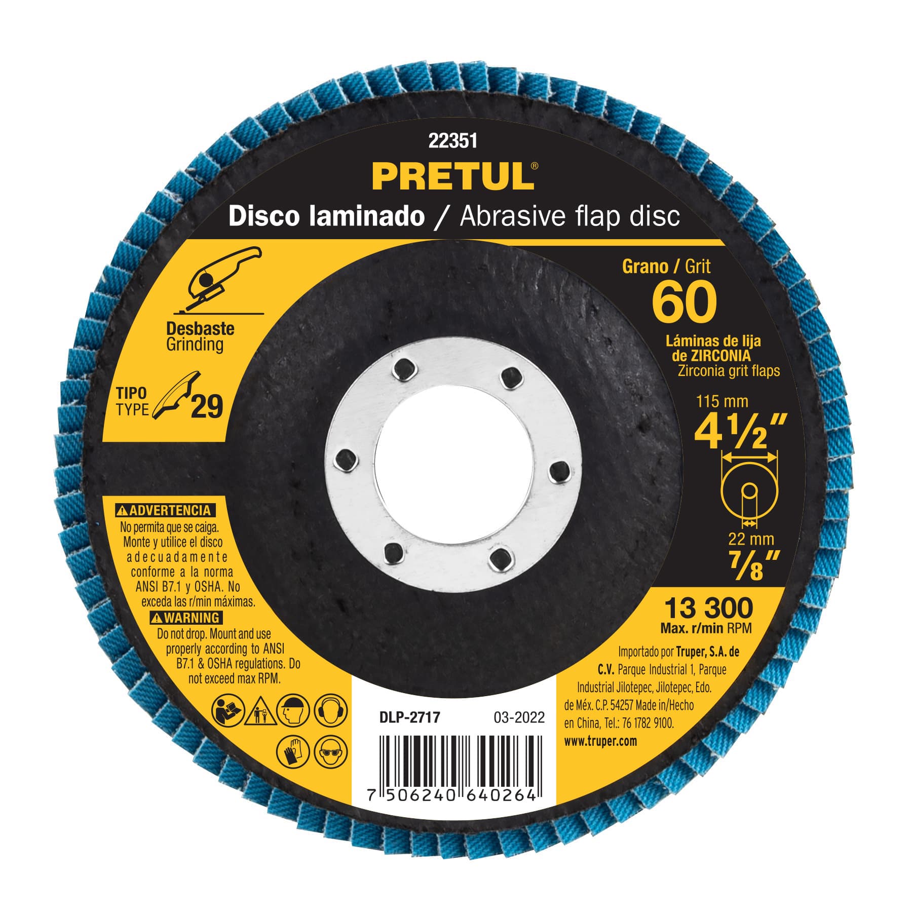Disco laminado 4-1/2", grano 60 centro 7/8", fibra, PRETUL PRETUL