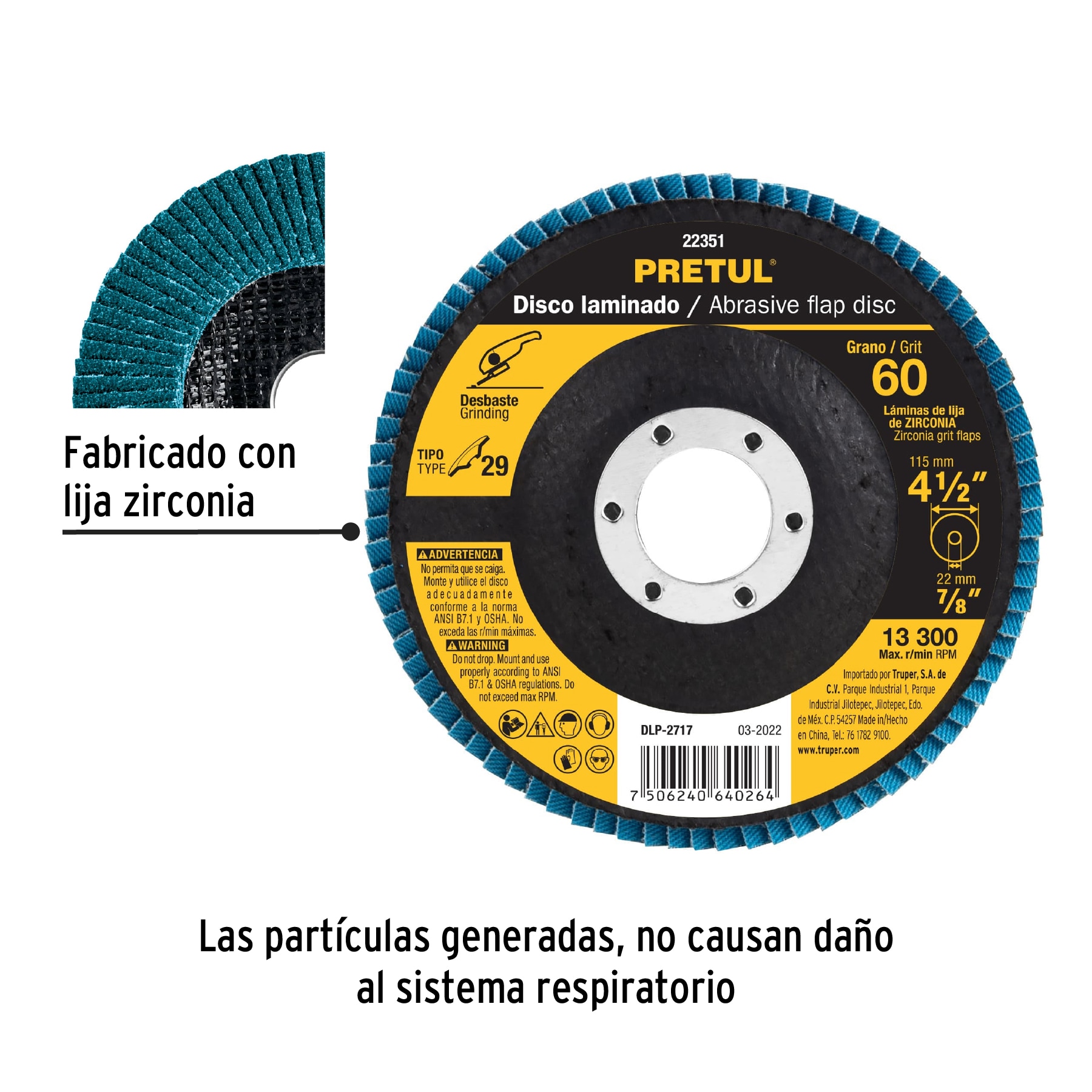 Disco laminado 4-1/2", grano 60 centro 7/8", fibra, PRETUL PRETUL