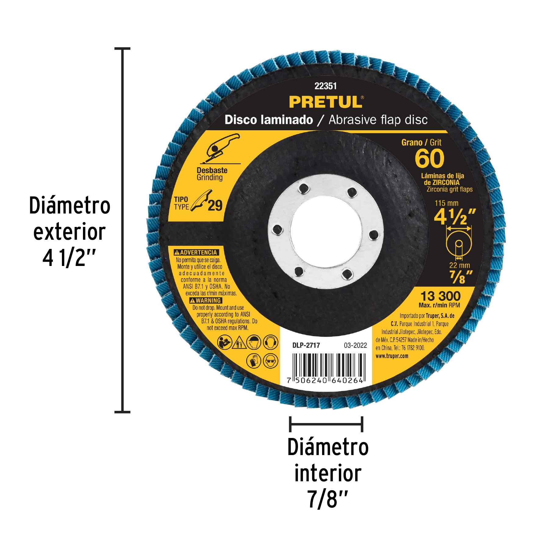 Disco laminado 4-1/2", grano 60 centro 7/8", fibra, PRETUL PRETUL