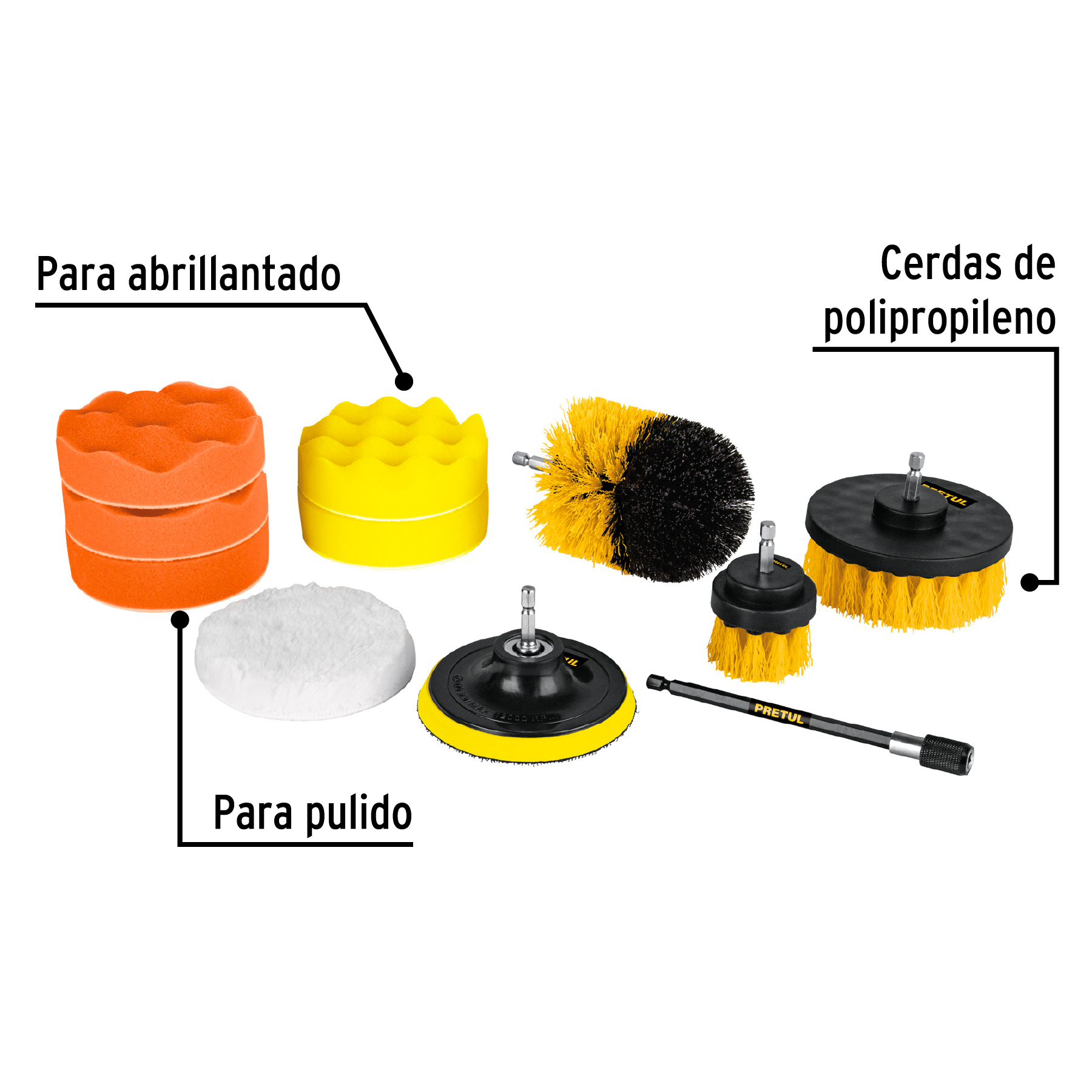 Juego 11 accesorios, limpieza y pulido para taladro, PRETUL PRETUL