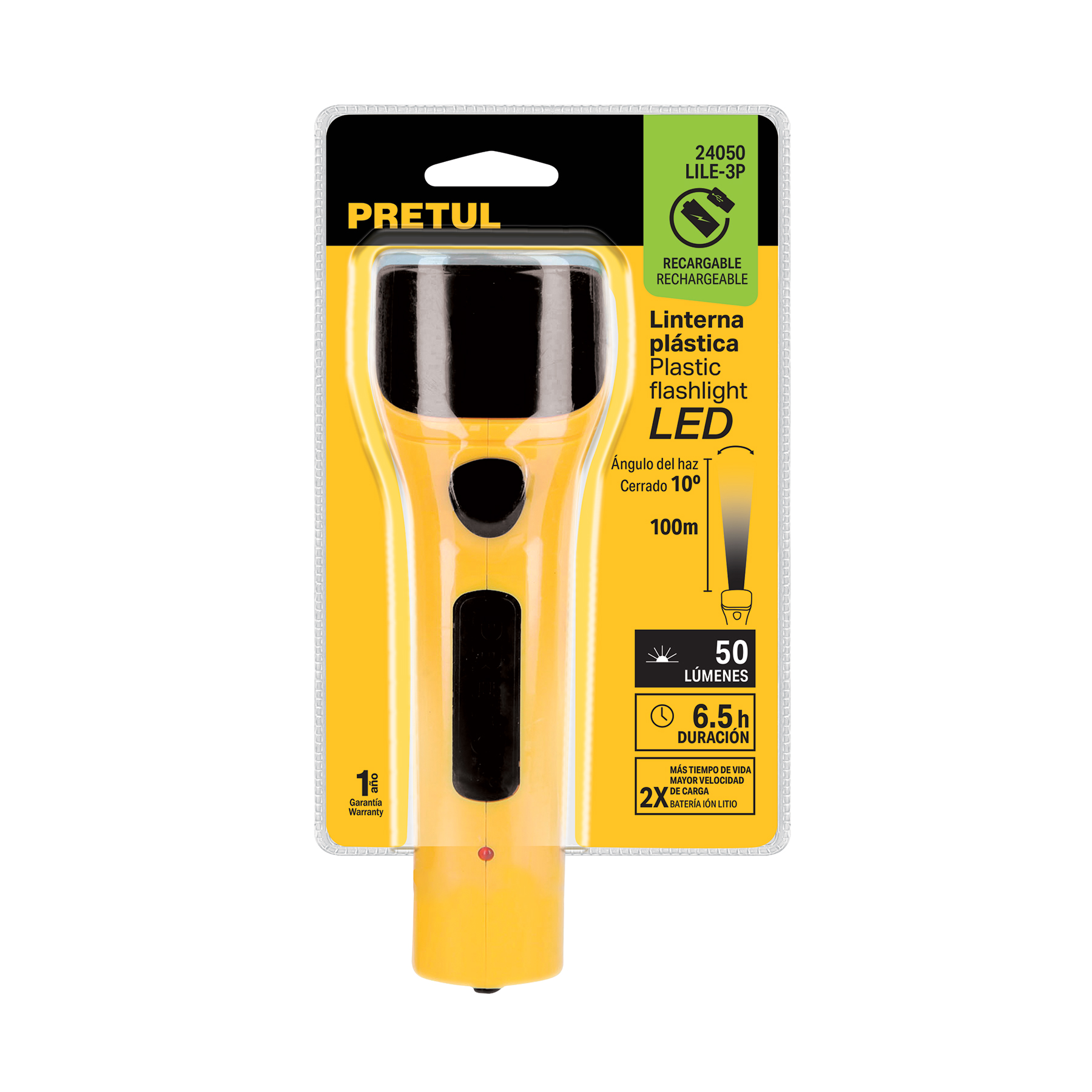 Linterna plástica de LED, 50 lm, recargable, PRETUL PRETUL