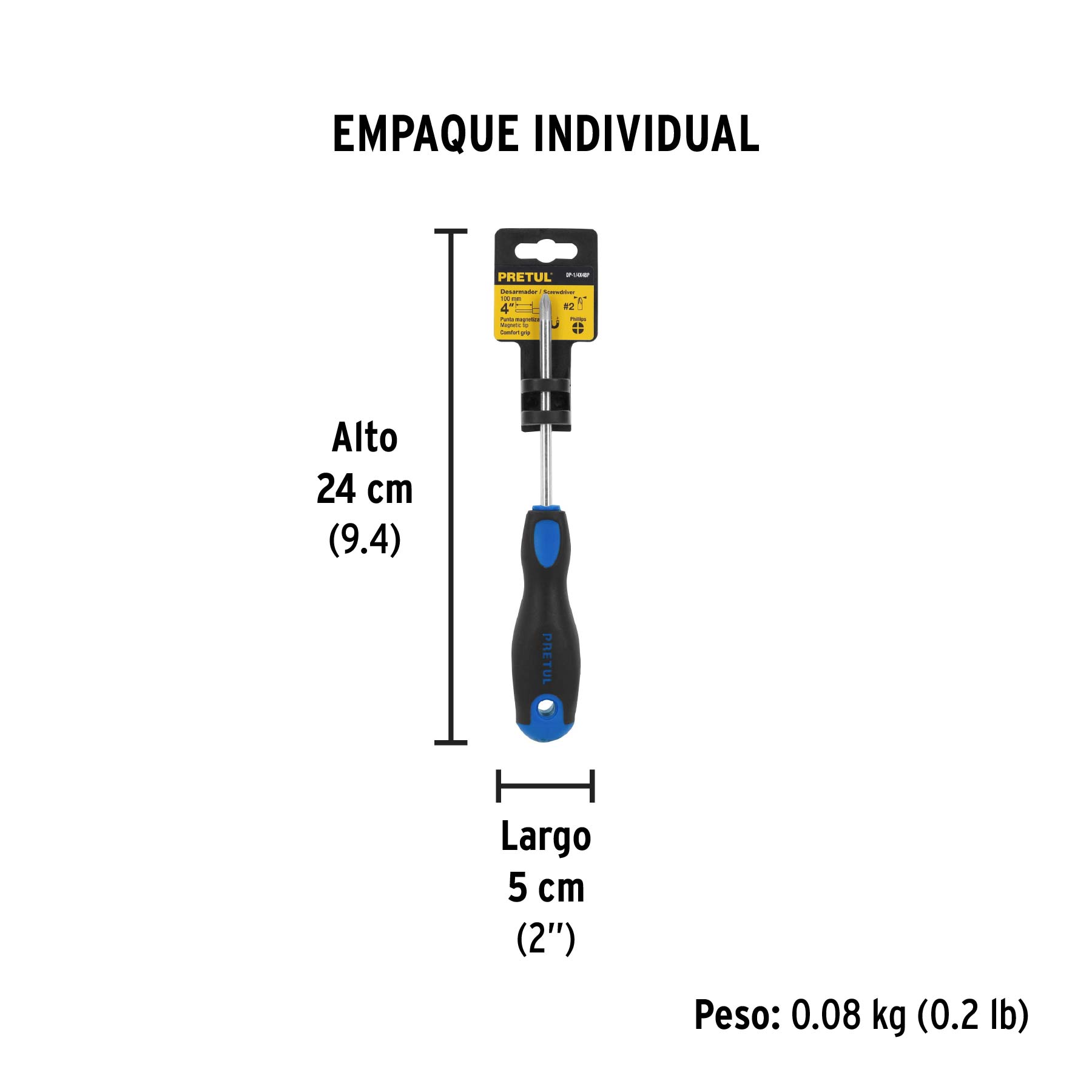 Desarmador de cruz 1/4" x 4" mango Comfort Grip, PRETUL PRETUL