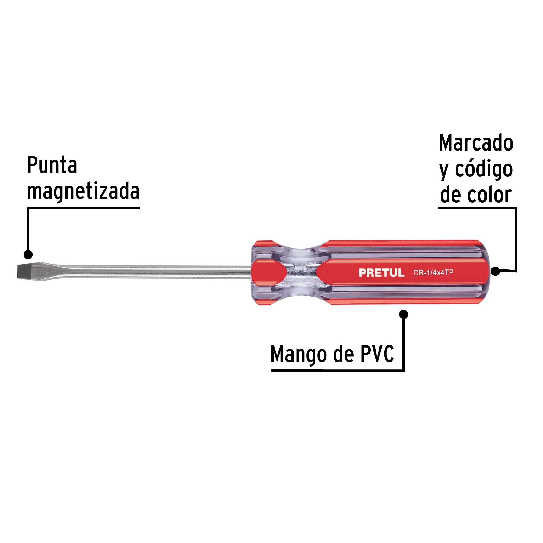 Desarmador plano 1/4 x 4" mango de PVC, PRETUL PRETUL