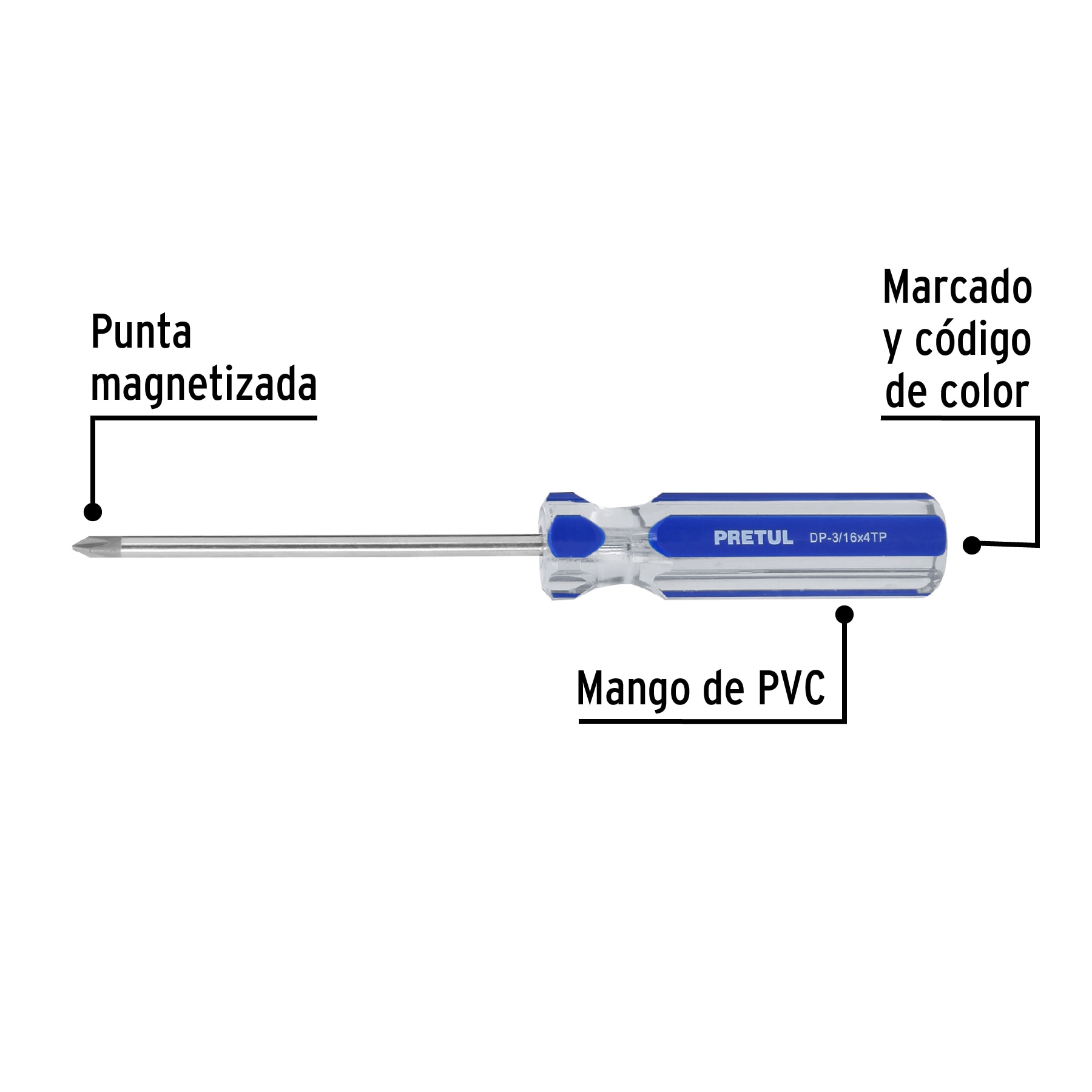 Desarmador de cruz 3/16 x 4" mango de PVC, PRETUL PRETUL