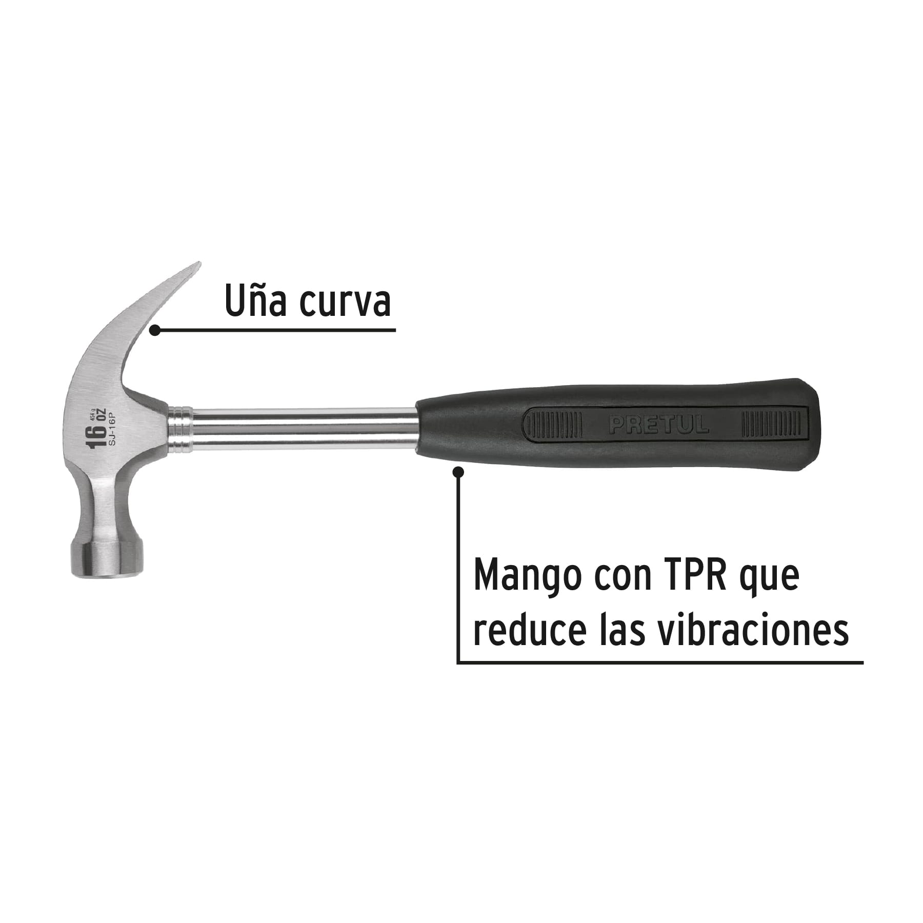 Martillo pulido, 16 oz, uña curva, mango tubular, PRETUL PRETUL