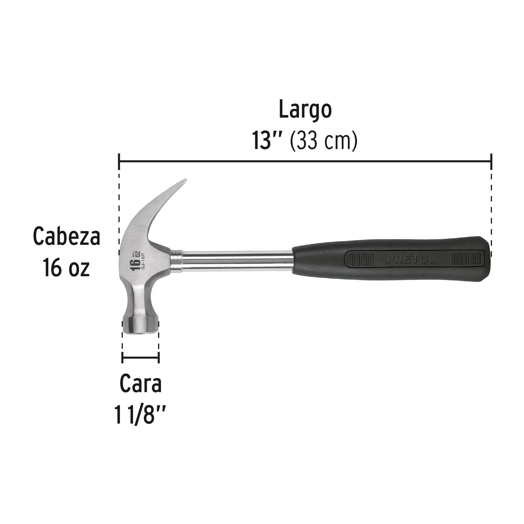 Martillo pulido, 16 oz, uña curva, mango tubular, PRETUL PRETUL
