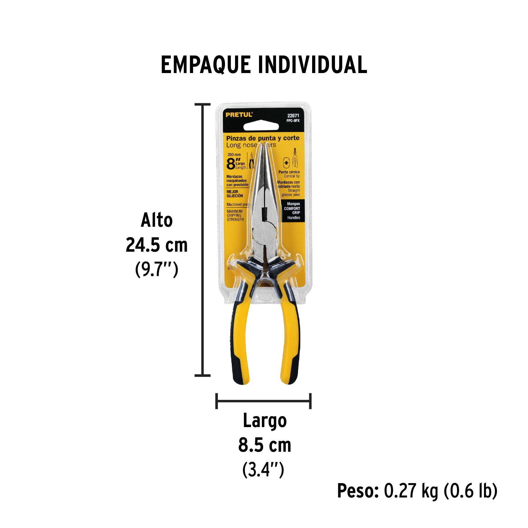 Pinza de punta y corte 8" mango Comfort Grip, PRETUL PRETUL