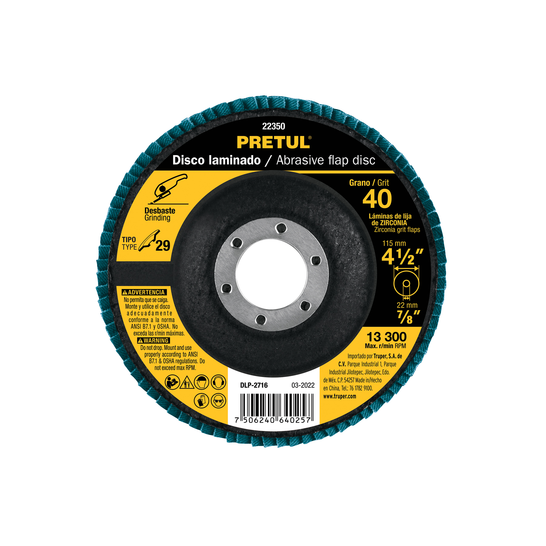 Disco laminado 4-1/2", grano 40 centro 7/8", fibra, PRETUL PRETUL