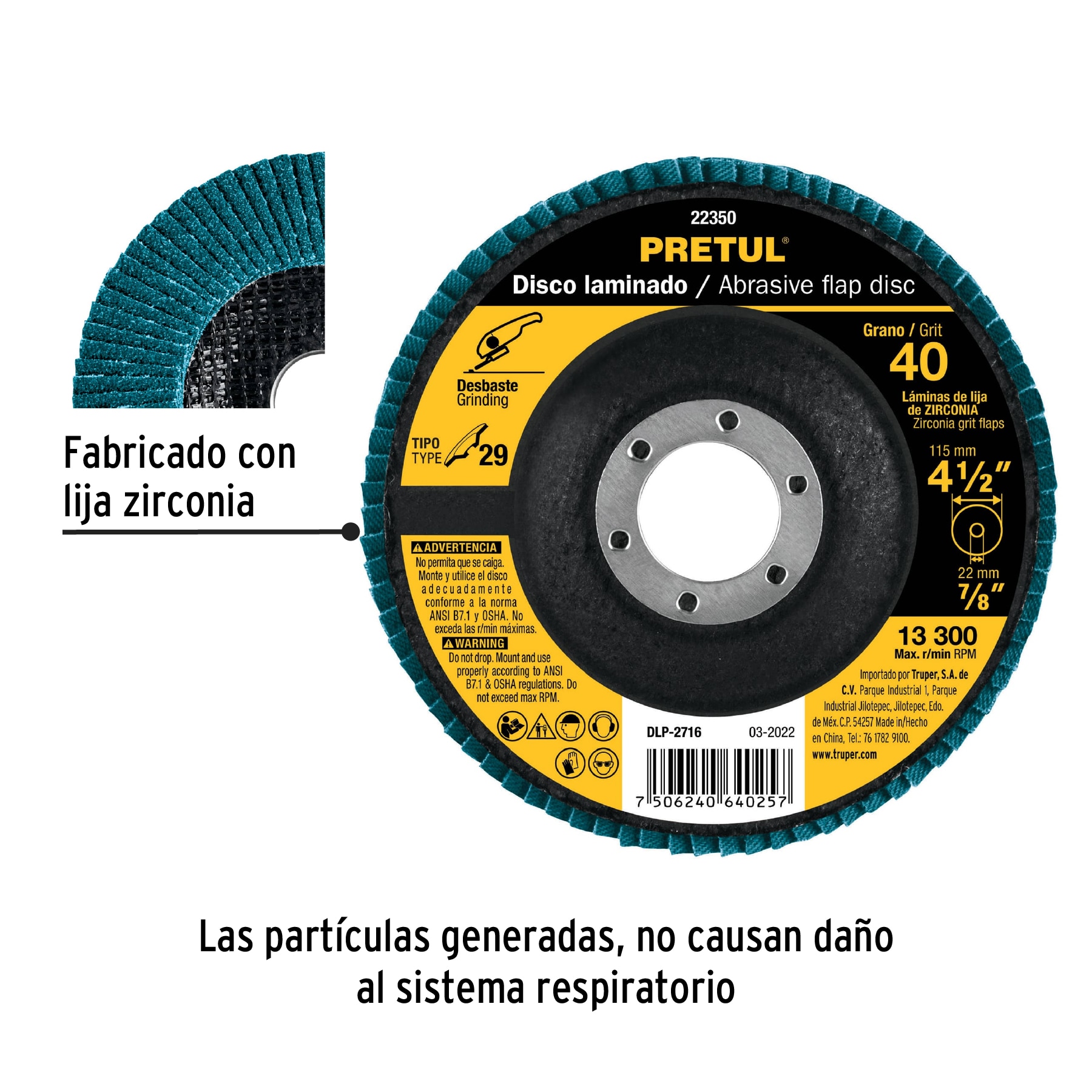 Disco laminado 4-1/2", grano 40 centro 7/8", fibra, PRETUL PRETUL