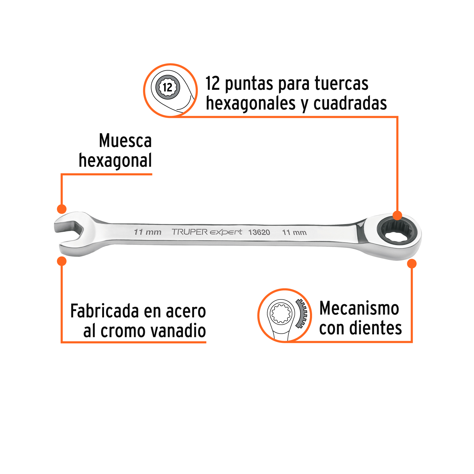 Llave combinada con matraca 11mm x 160 mm largo, EXPERT TRUPER
