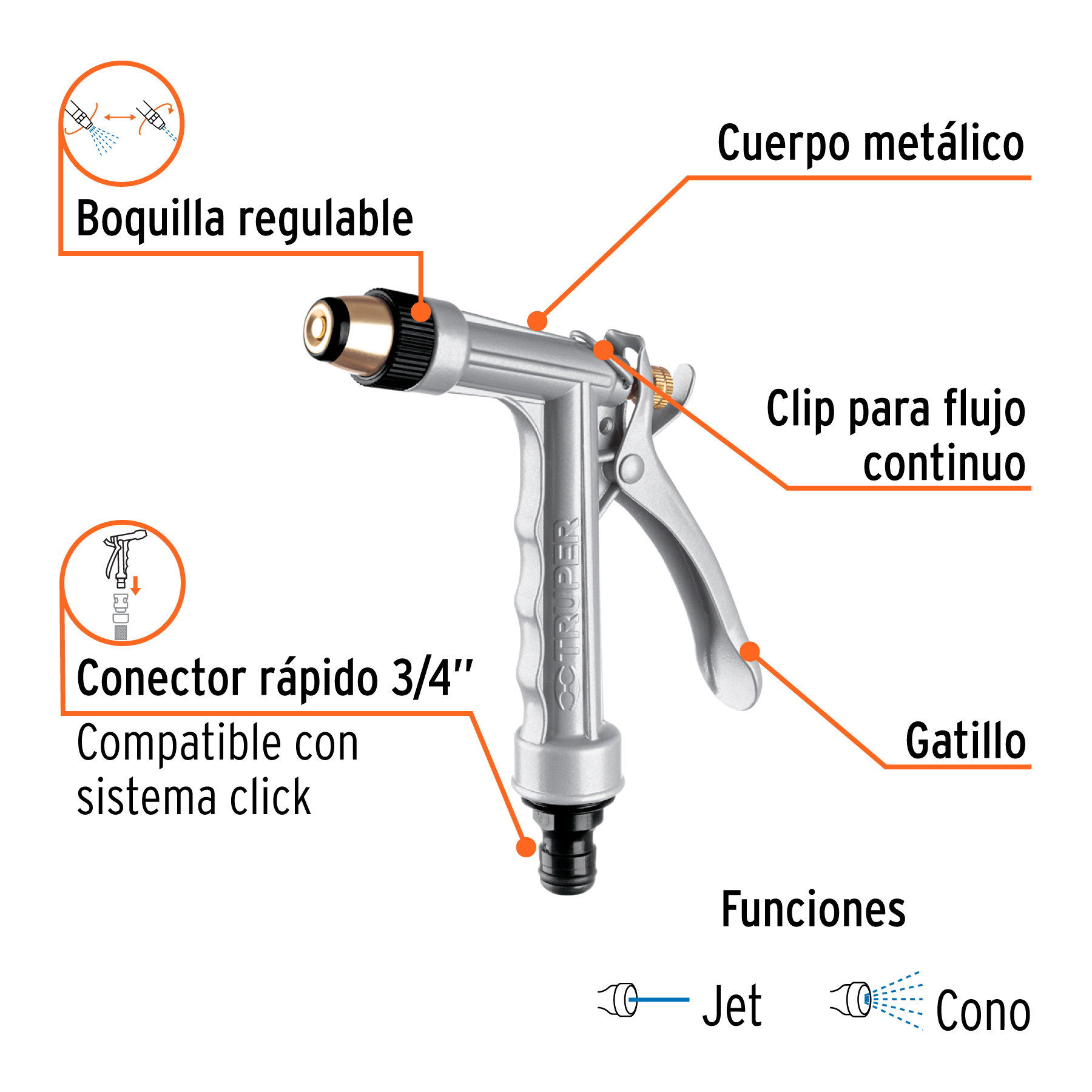 Pistola metálica para riego, 2 funciones, boquilla regulable TRUPER