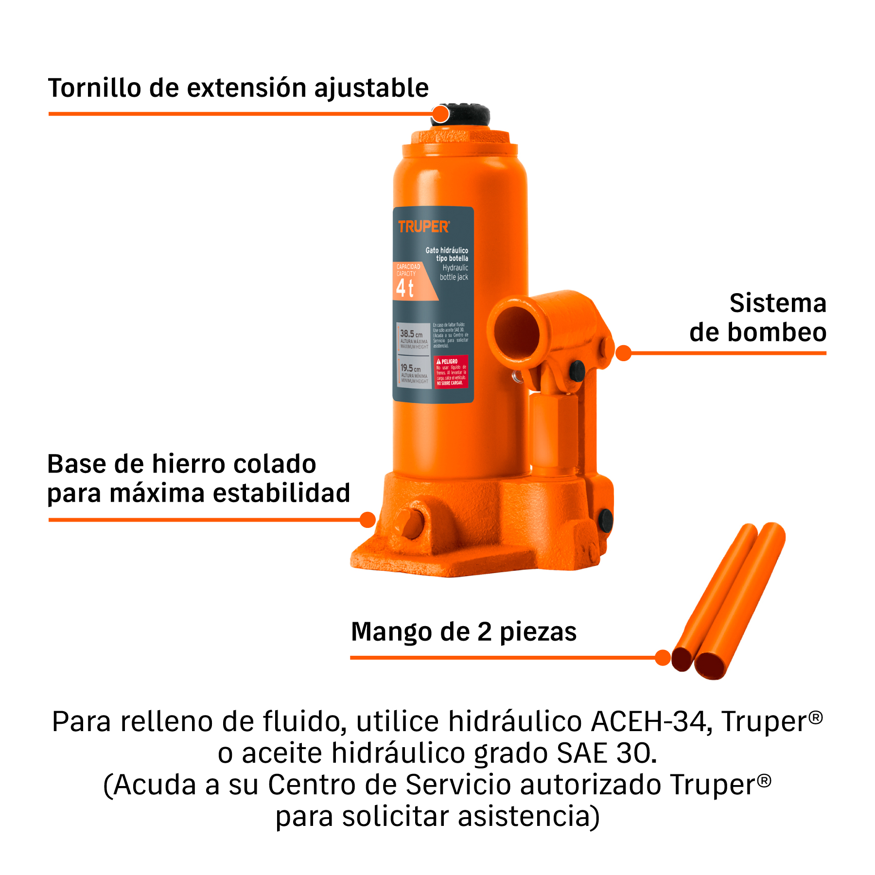 Gato hidráulico de botella de 4 Ton, TRUPER TRUPER