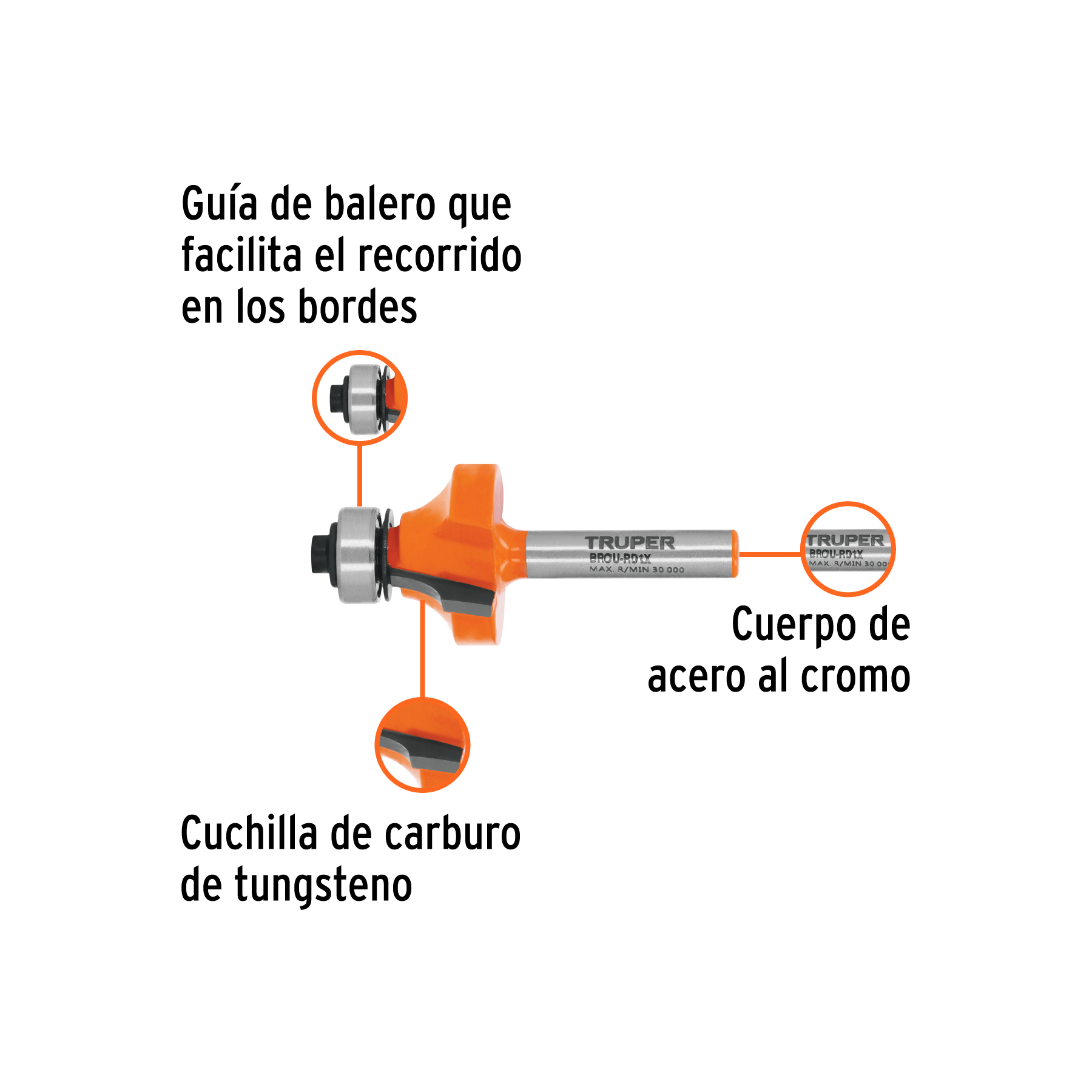 Broca para router, redondeado, 1" con balero, TRUPER TRUPER