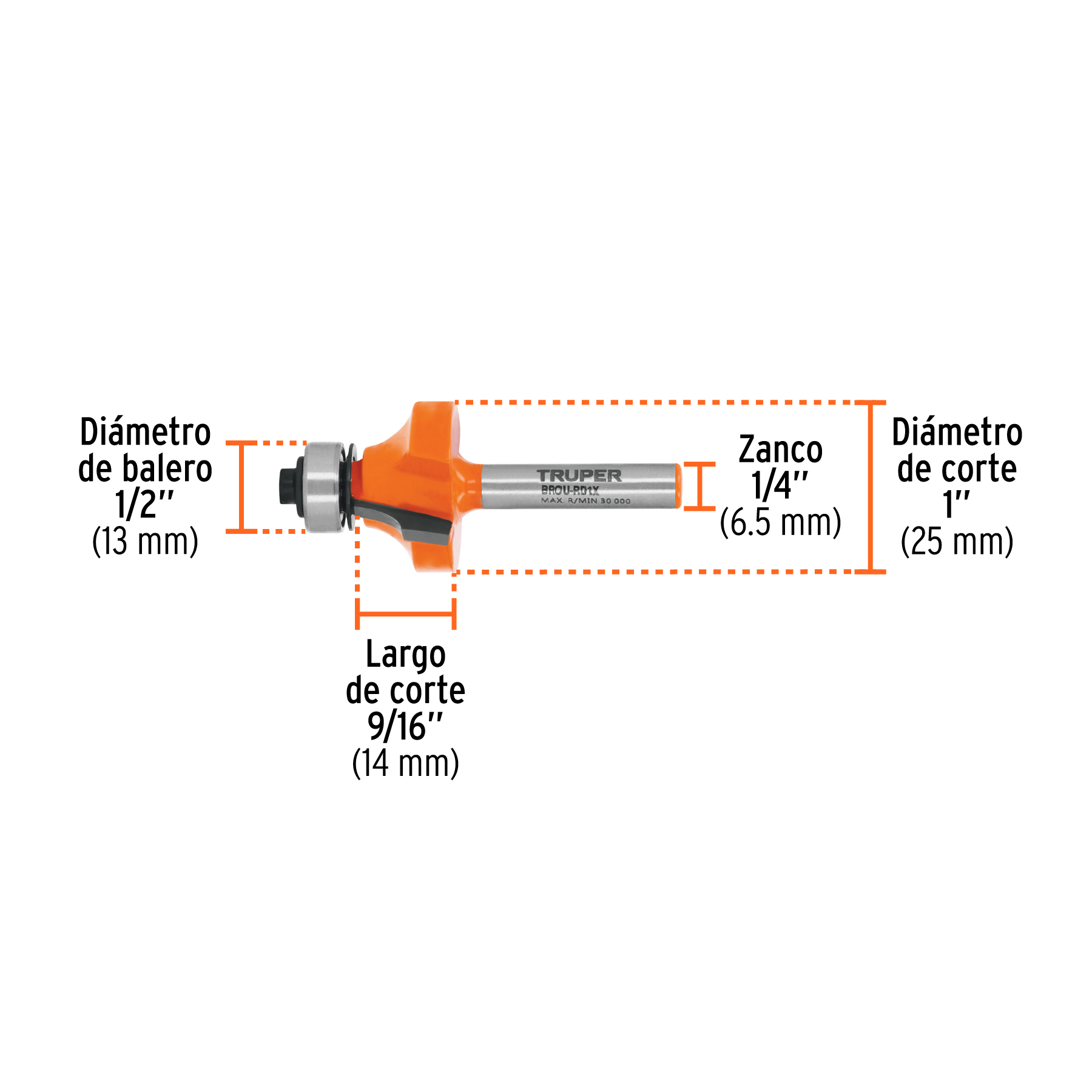 Broca para router, redondeado, 1" con balero, TRUPER TRUPER