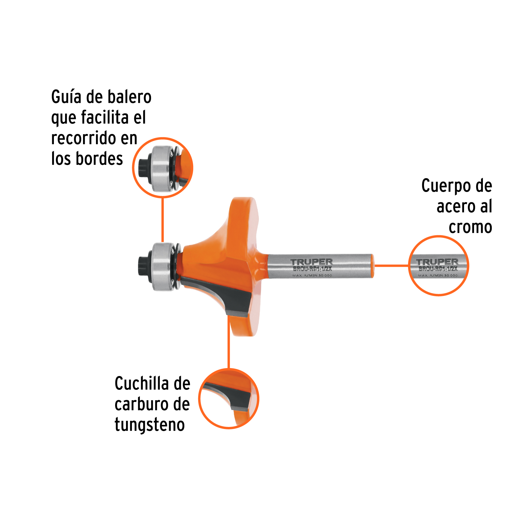 Broca para router, redondeado, 1-1/2" con balero, TRUPER TRUPER