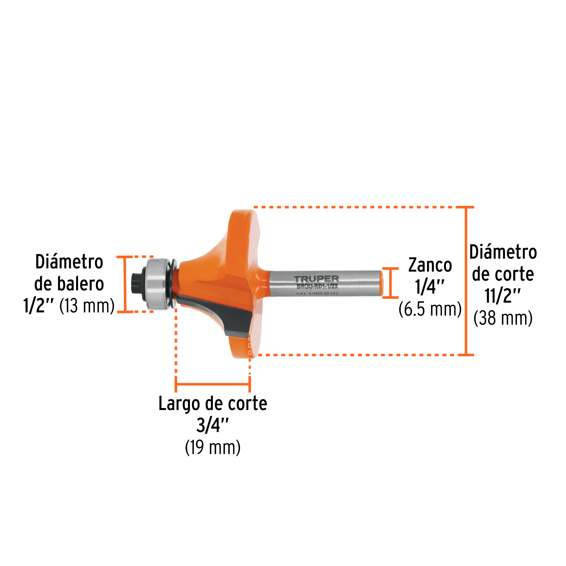 Broca para router, redondeado, 1-1/2" con balero, TRUPER TRUPER
