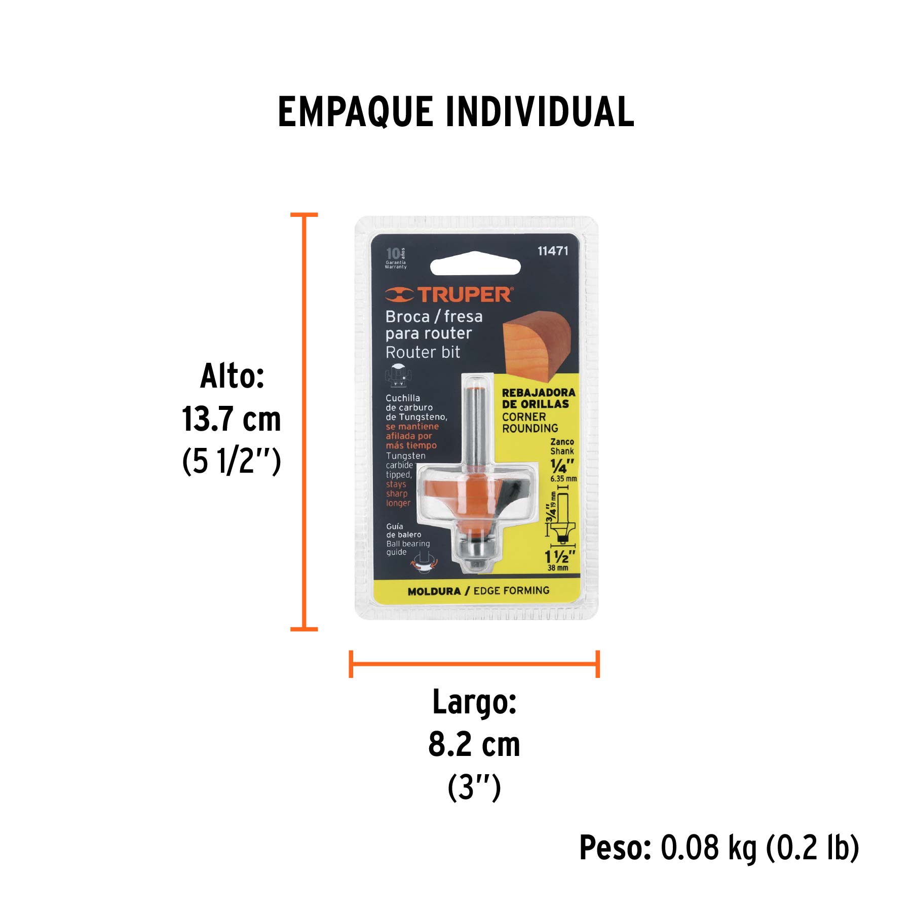Broca para router, redondeado, 1-1/2" con balero, TRUPER TRUPER