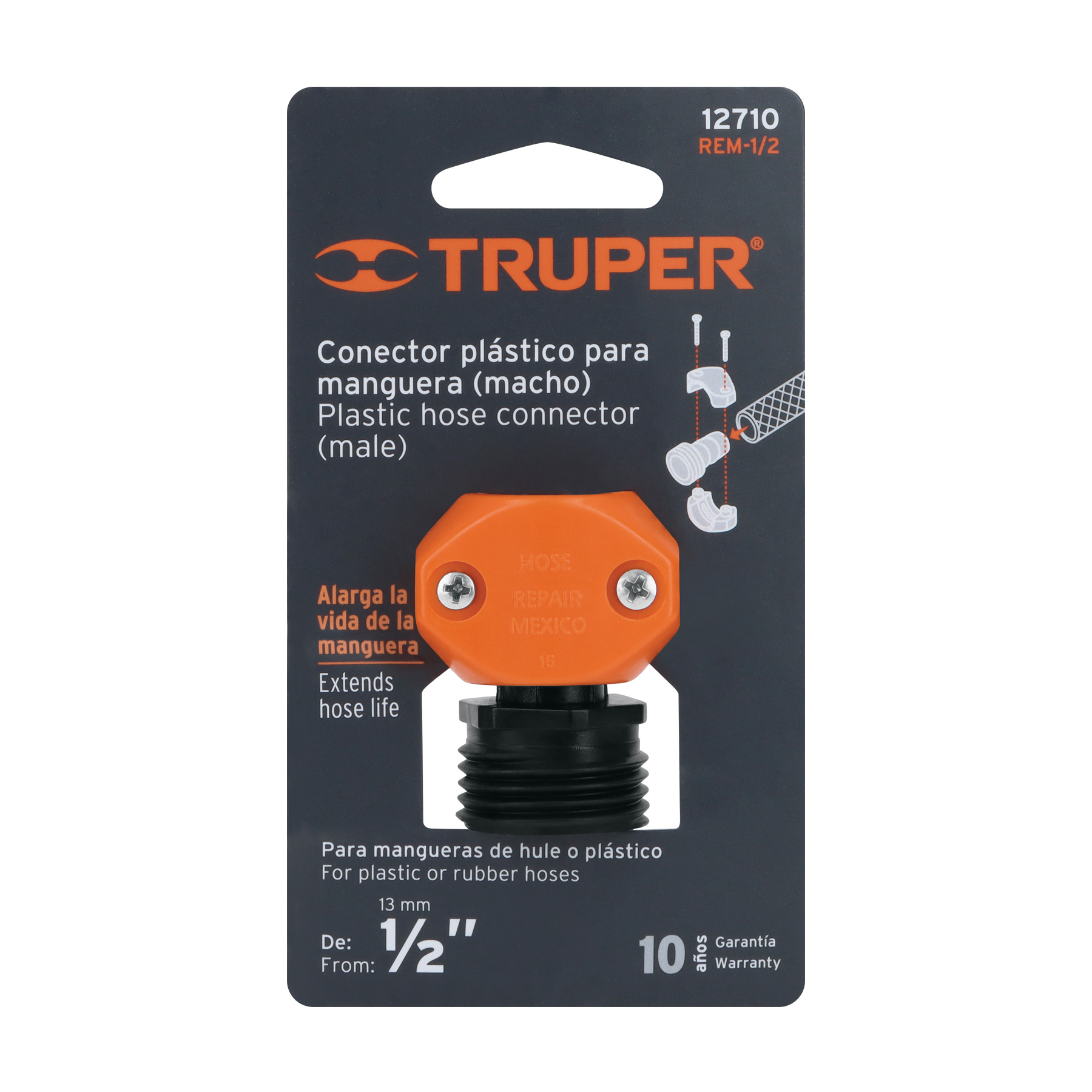 Conector 1/2" macho de ABS para manguera, TRUPER TRUPER