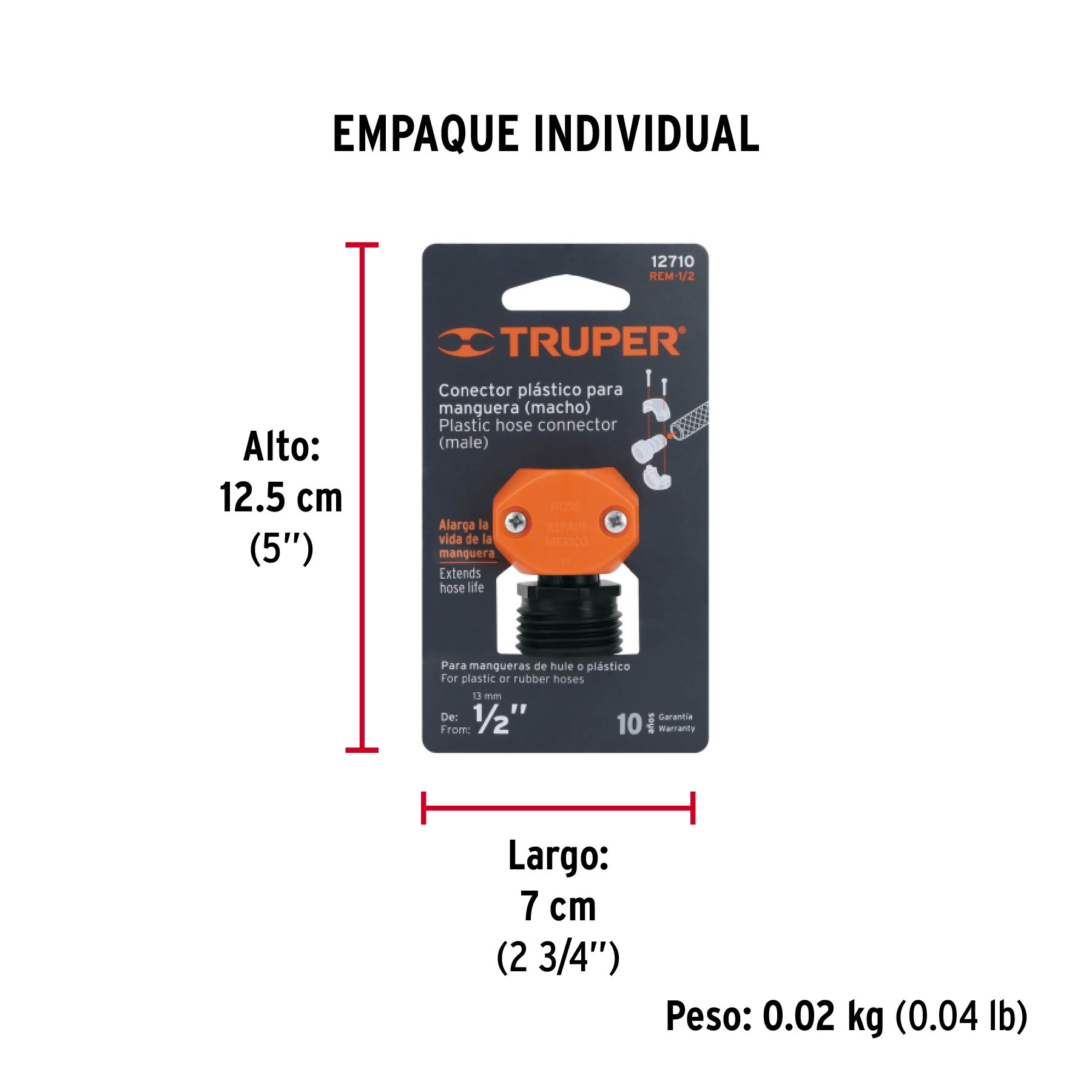 Conector 1/2" macho de ABS para manguera, TRUPER TRUPER