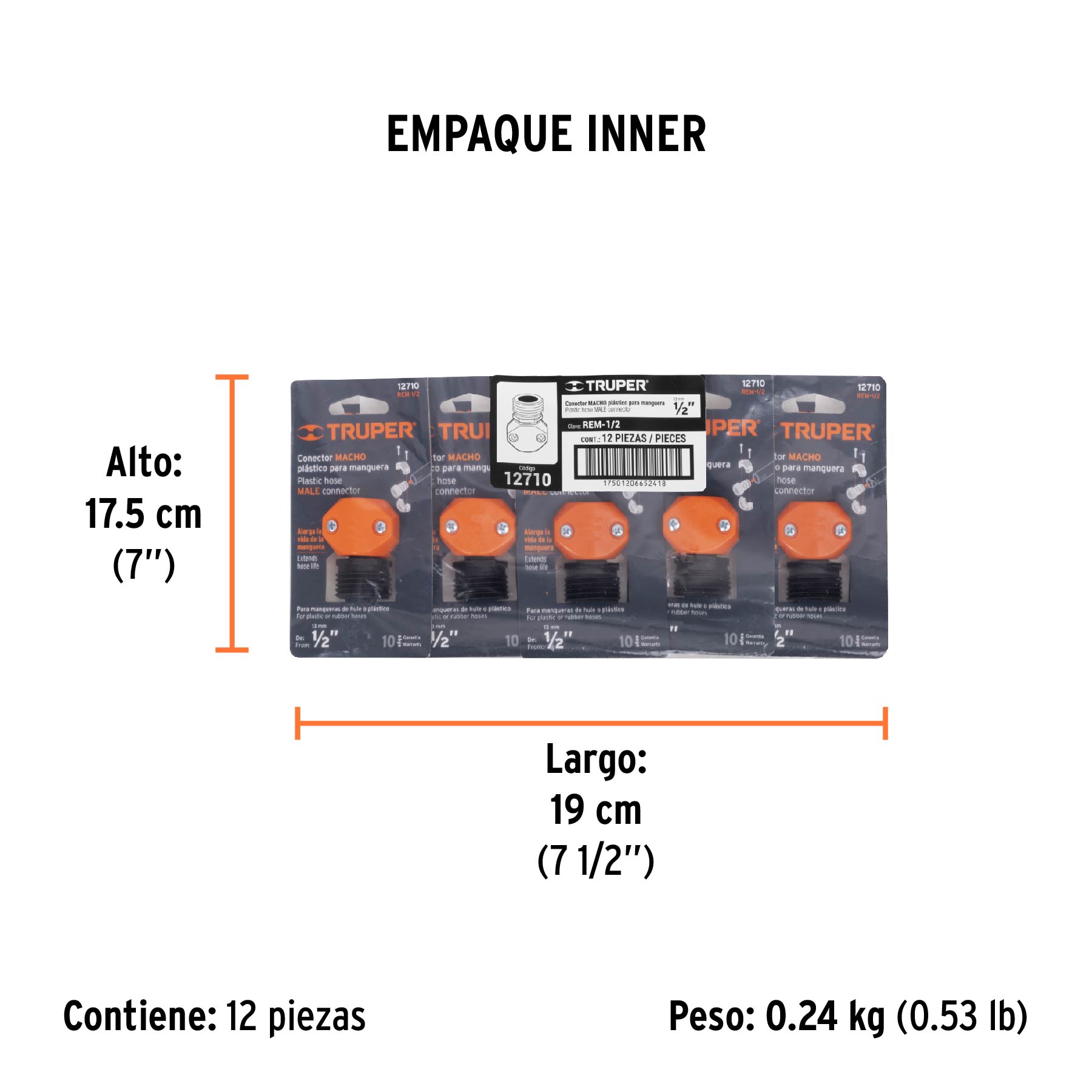 Conector 1/2" macho de ABS para manguera, TRUPER TRUPER