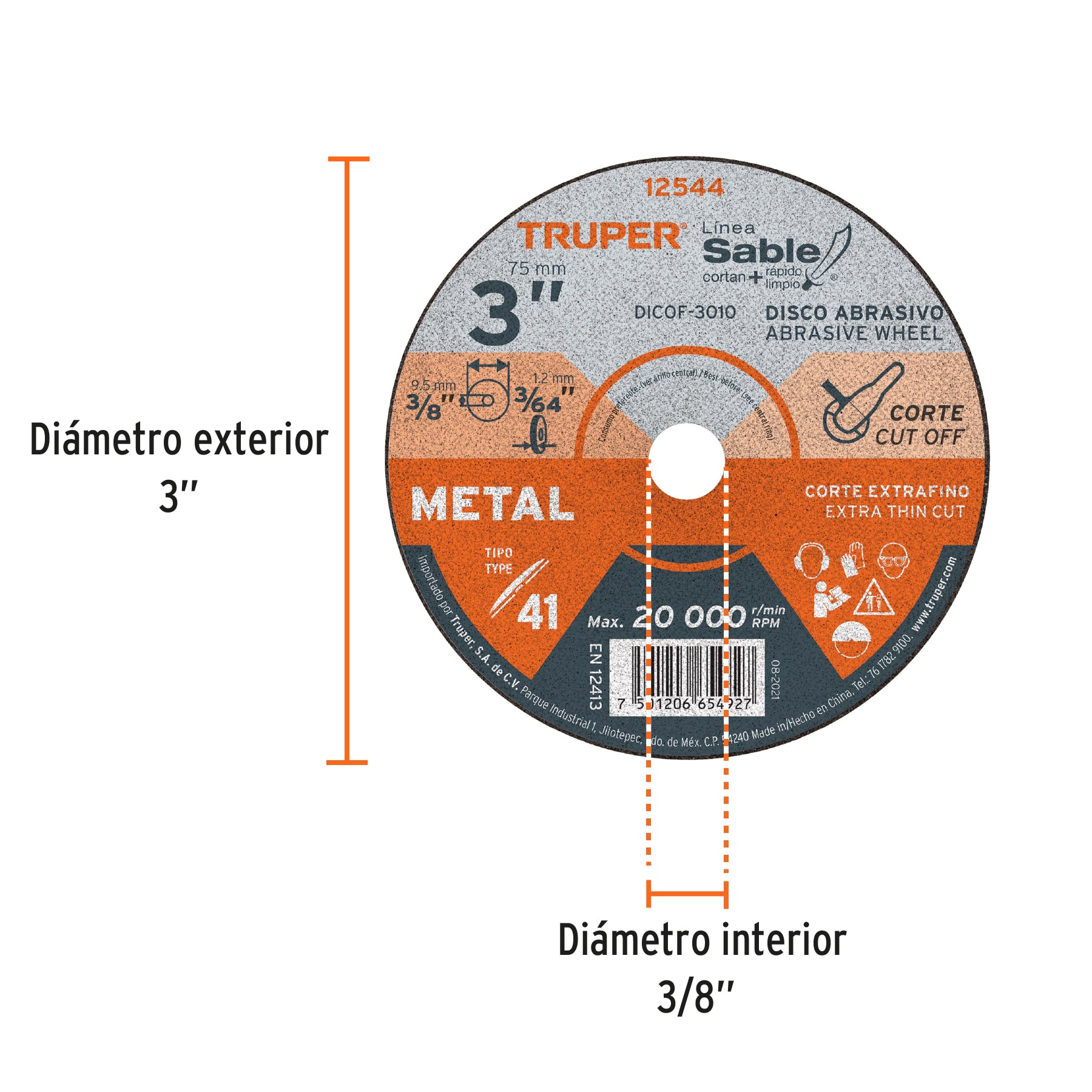 Disco abrasivo de corte preciso metal 3" x 1 mm, TRUPER TRUPER