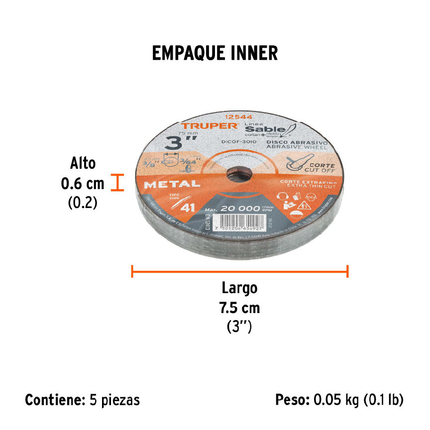 Disco abrasivo de corte preciso metal 3" x 1 mm, TRUPER TRUPER