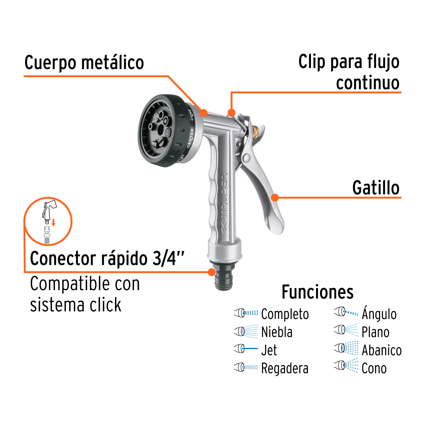 Pistola metálica para riego, 8 funciones, TRUPER TRUPER