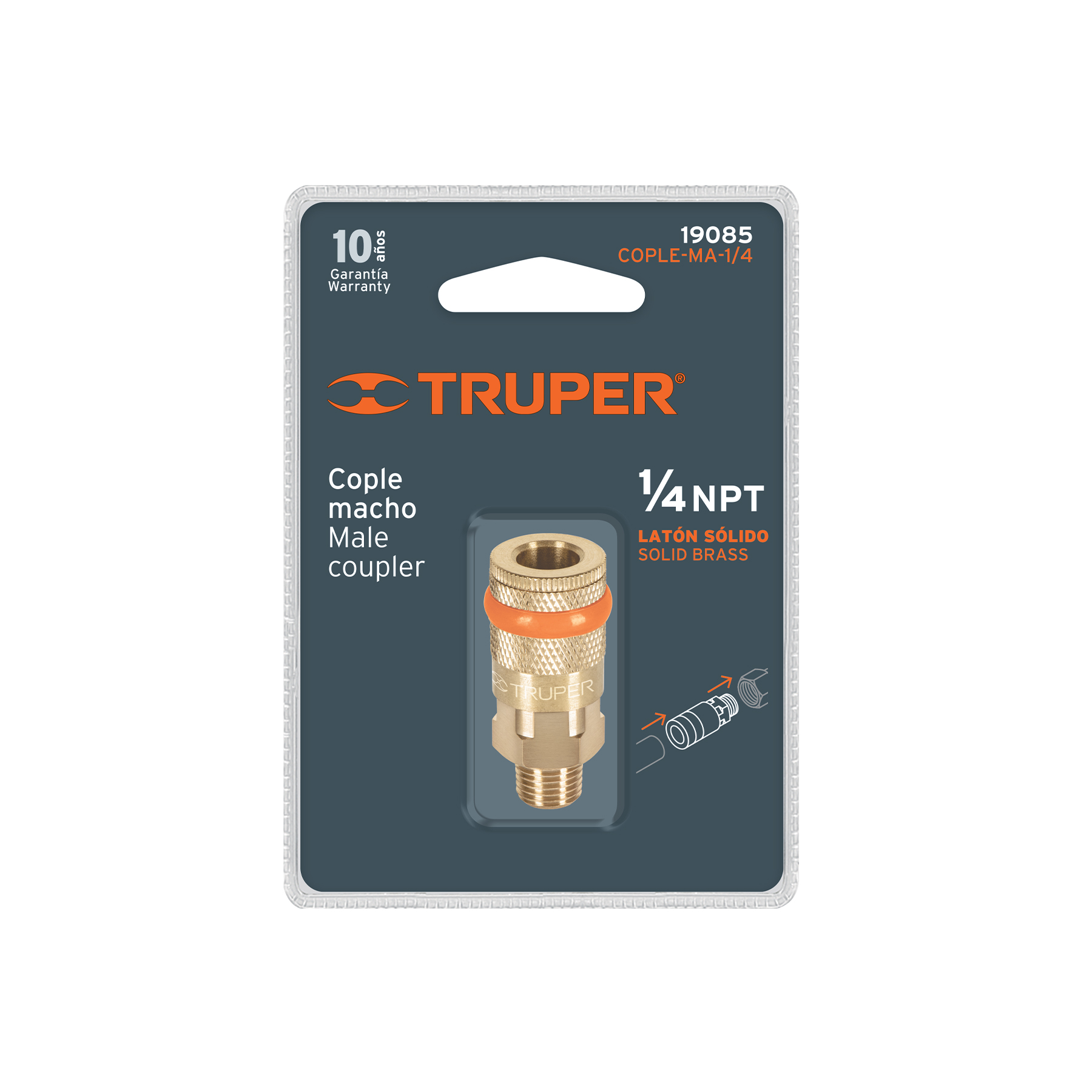 Cople rápido de latón, macho, cuerda 1/4" NPT, TRUPER TRUPER