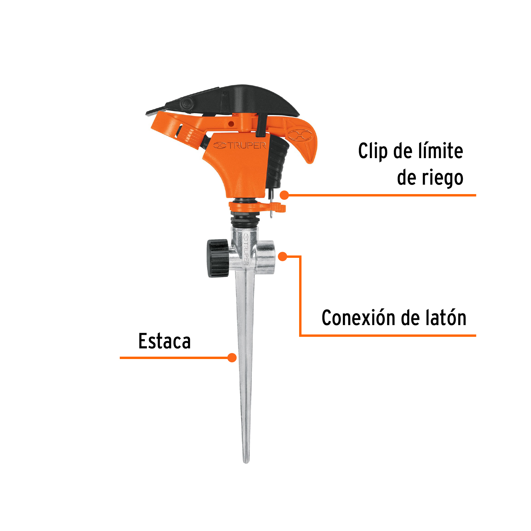 Aspersor plástico 11", dos vías, estaca metálica, TRUPER TRUPER