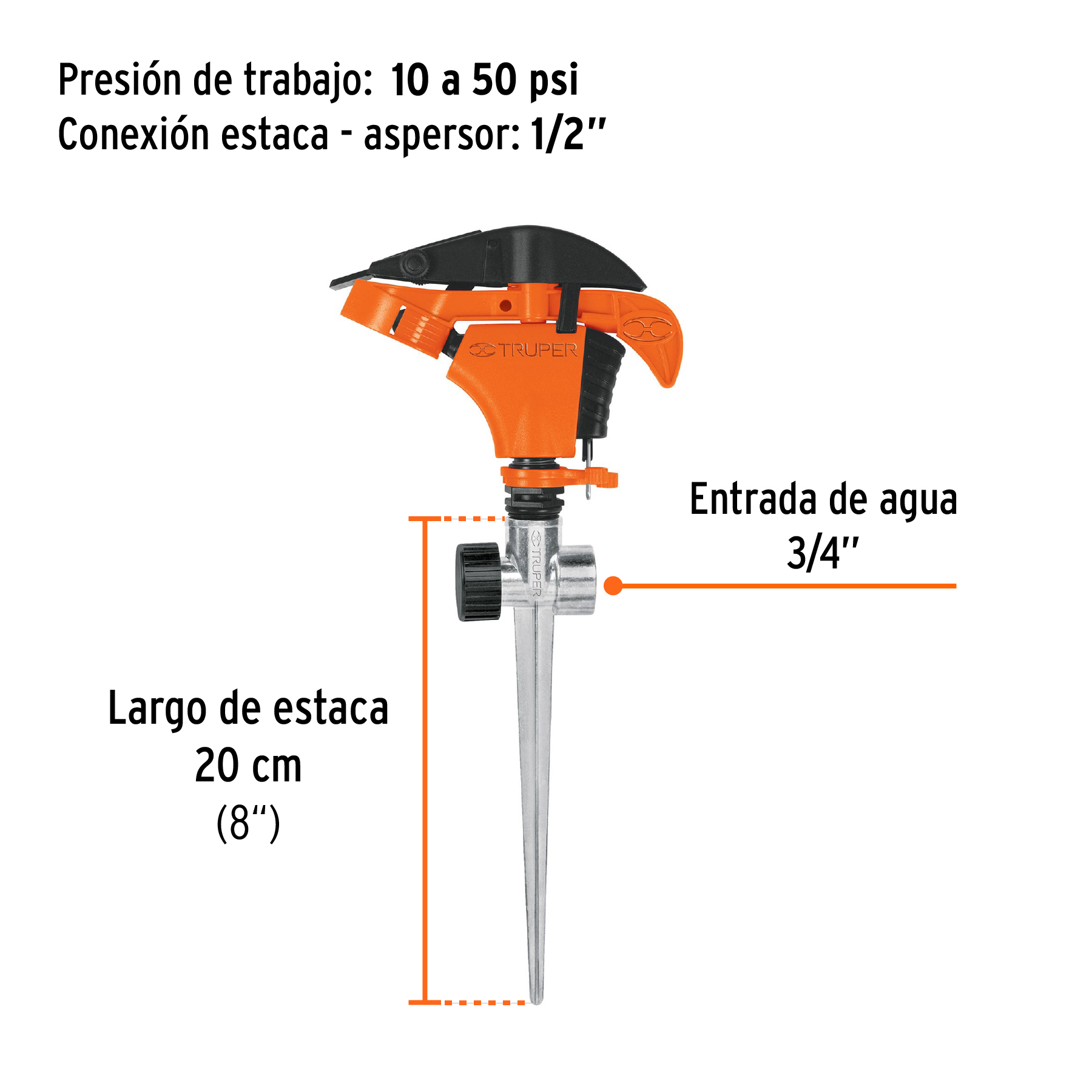 Aspersor plástico 11", dos vías, estaca metálica, TRUPER TRUPER