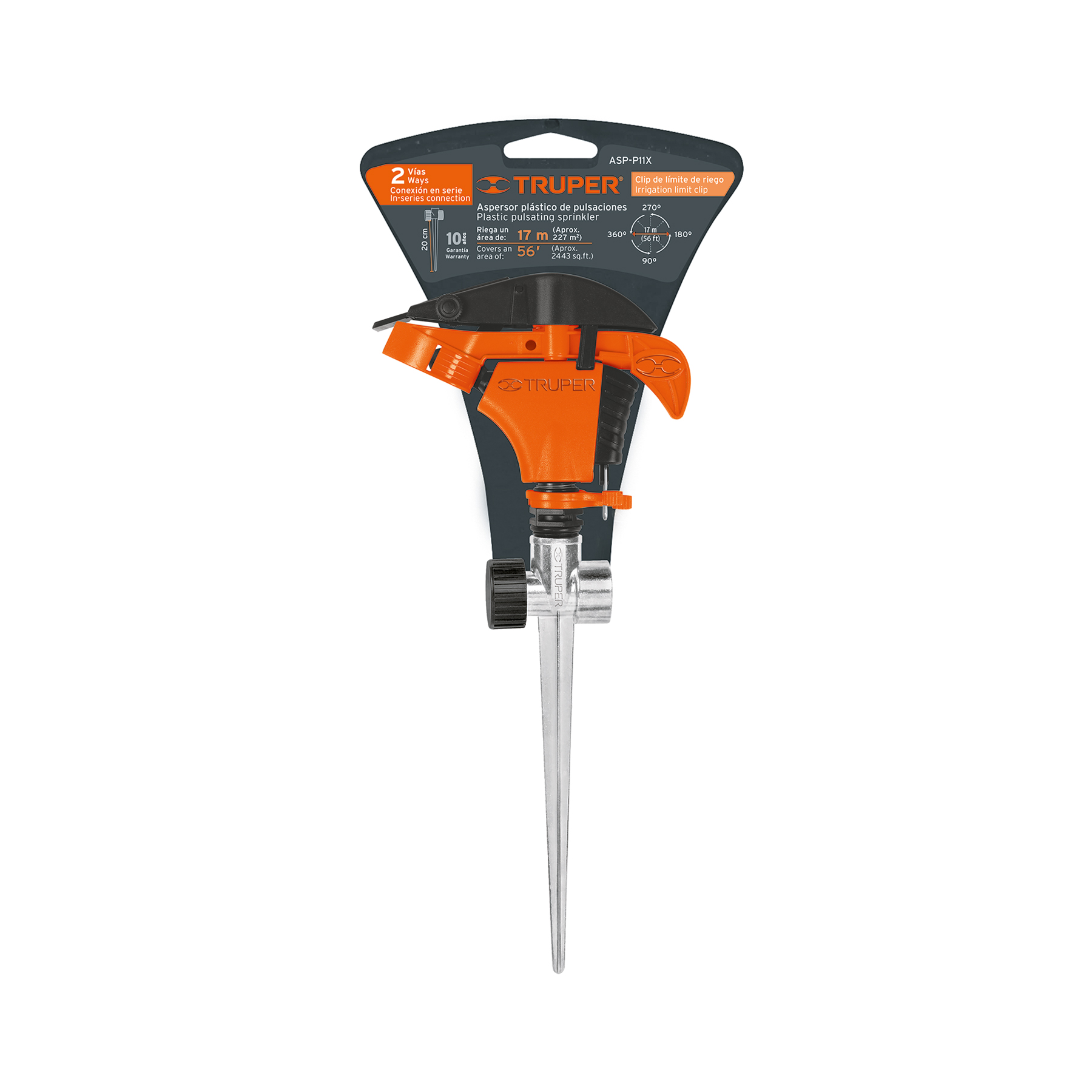 Aspersor plástico 11", dos vías, estaca metálica, TRUPER TRUPER