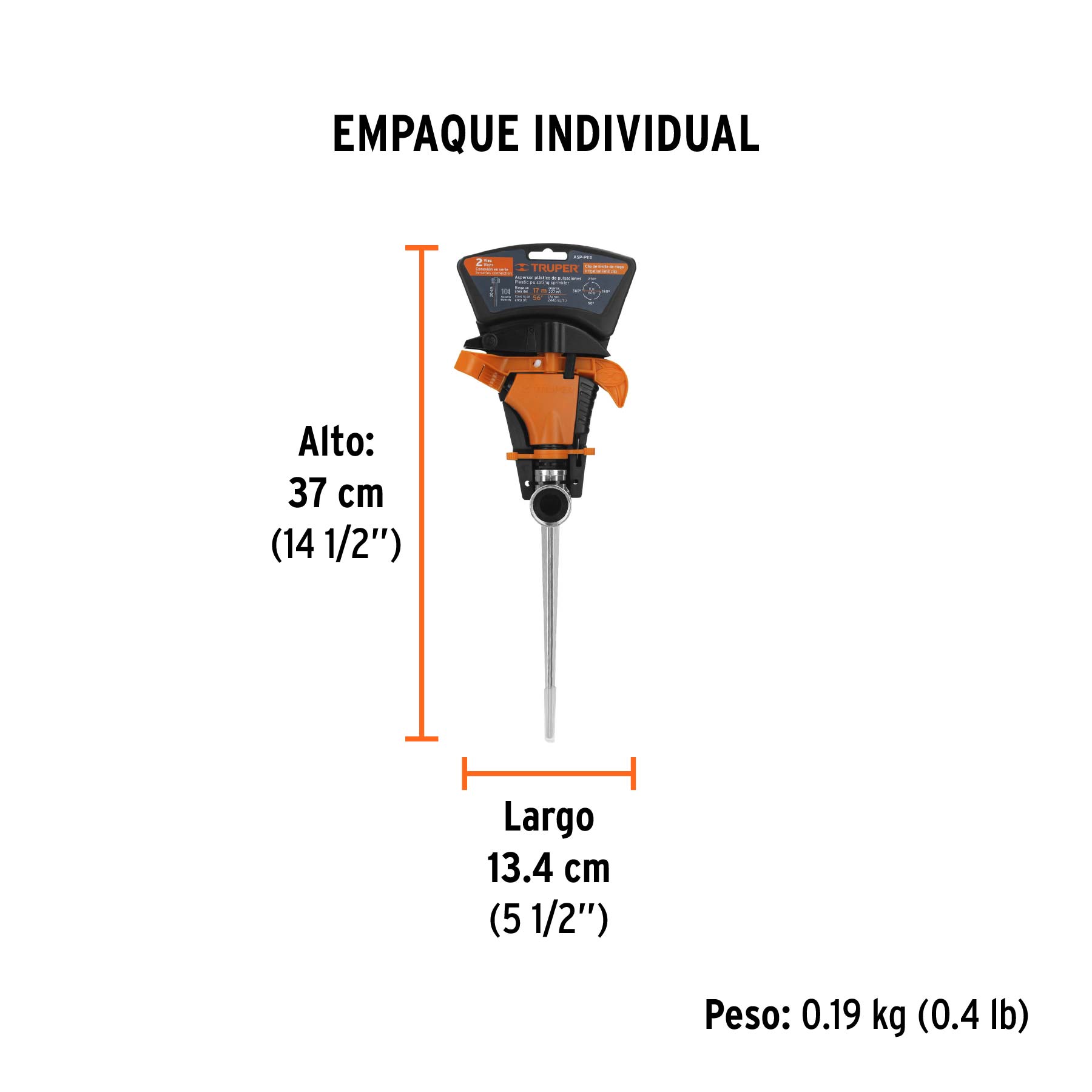 Aspersor plástico 11", dos vías, estaca metálica, TRUPER TRUPER