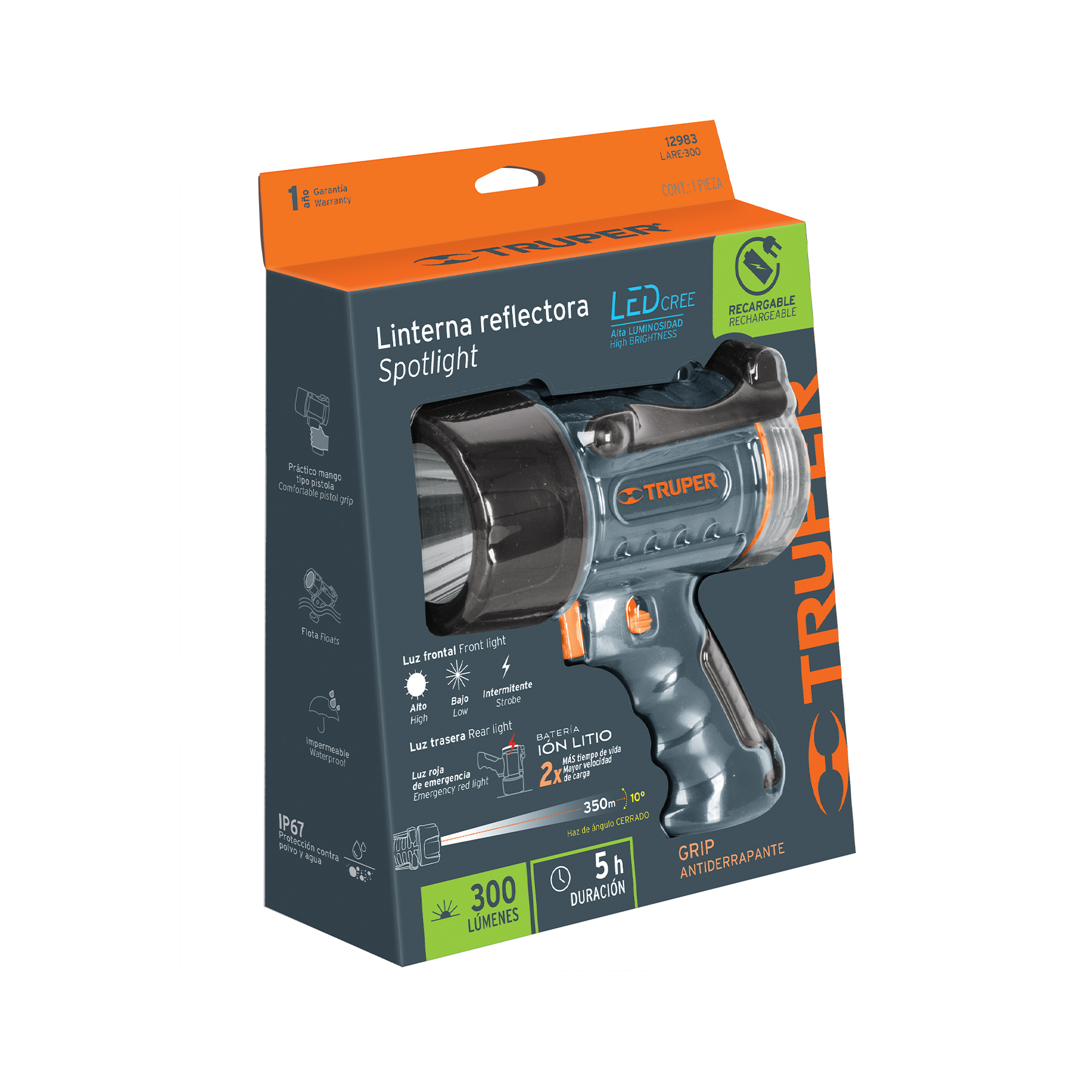 Linterna reflectora LED 300 lm recargable, TRUPER TRUPER
